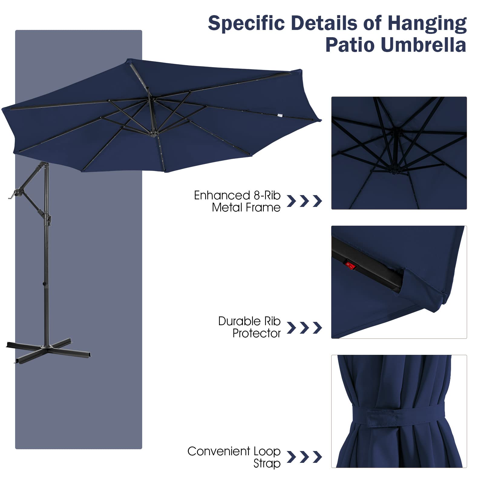Giantex 10 Ft Solar Powered LED Patio Umbrella with 8 Ribs & Tilting Adjustment - Heavy Duty Cantilever Outdoor Umbrella for Pool, Garden, Deck, and Backyard Relaxation