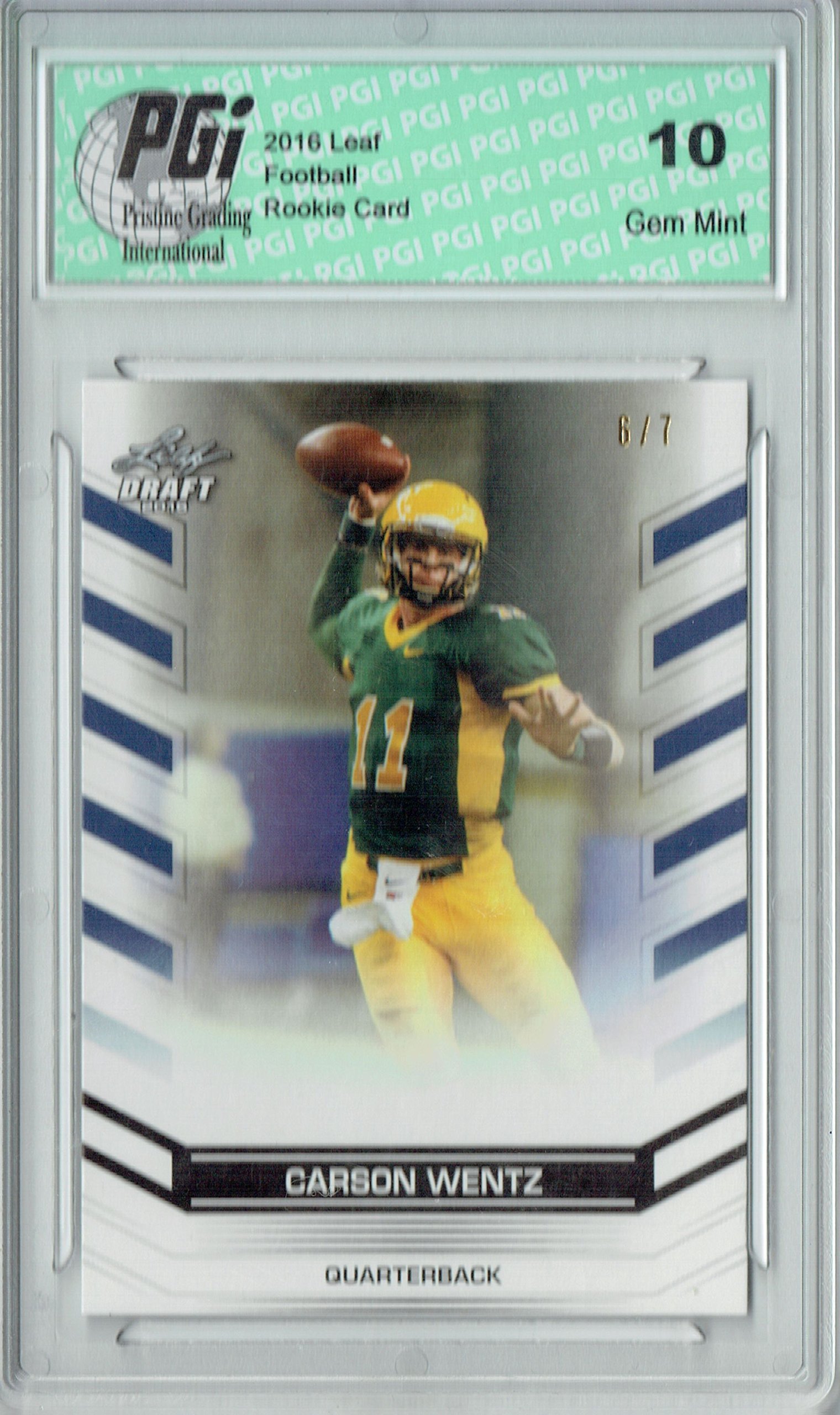 2016 Leaf Carson Wentz Rookie Card #NNO Blank Back Proof #6/7 PGI 10 - Rare NFL Collectible for Football Fans & Sports Memorabilia Collectors - Perfect for Display, Investment or Gift Giving