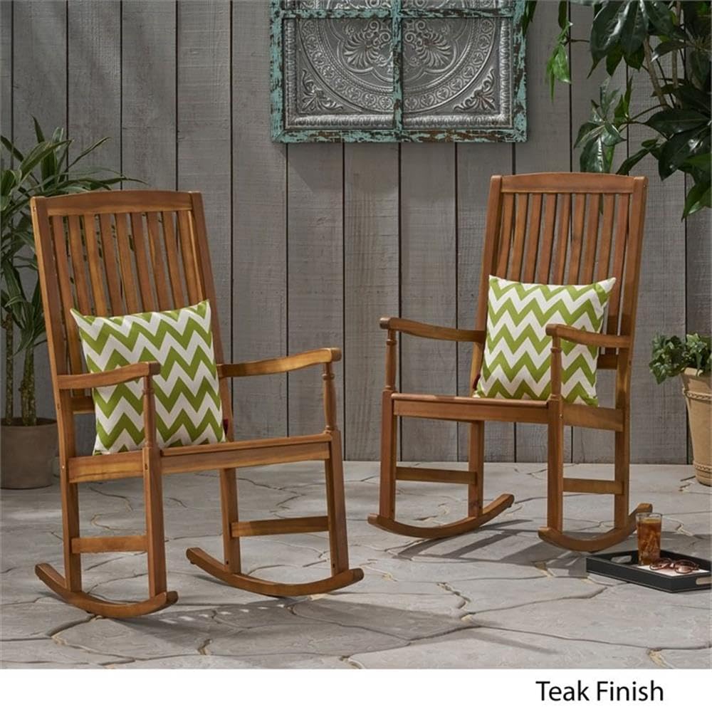 Noble House Arcadia Outdoor Acacia Wood Rocking Chairs (Set of 2) - Teak Finish - Patio, Garden, Porch & Backyard Relaxation Furniture