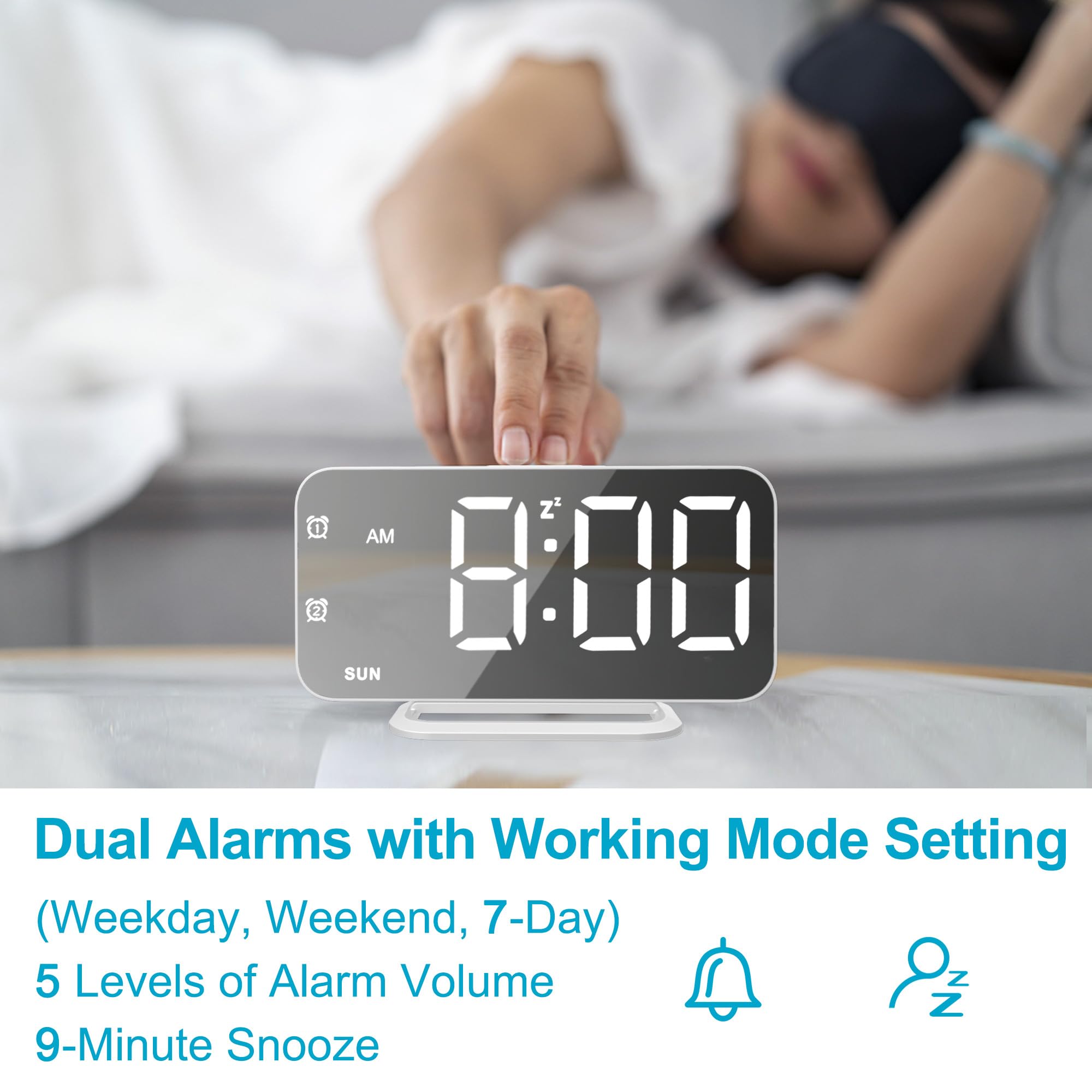 Slim LED Digital Alarm Clock with Mirror Surface - Large Display, Dimmable, Easy Setup, USB Ports - Perfect for Makeup, Bedroom, Desk - Great Christmas & Birthday Gift for Women, Daughter, Girls - White