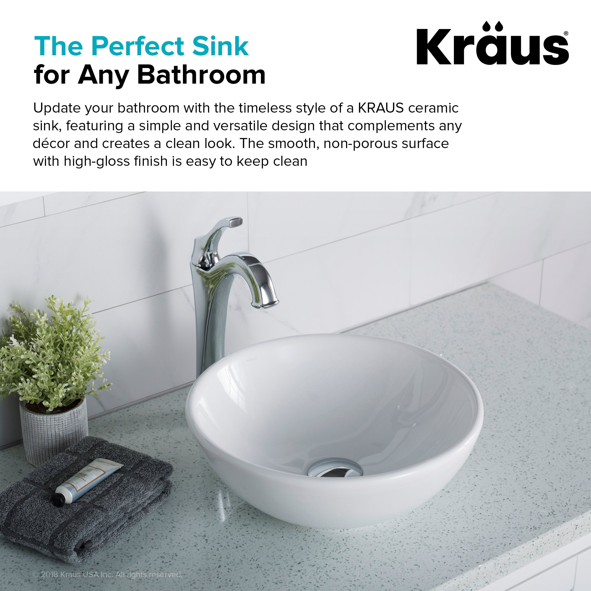 KRAUS Elavo 14-Inch Round White Porcelain Ceramic Vessel Bathroom Sink - Modern Above Counter Vanity Basin for Powder Room & Master Bath (Model KCV-341)