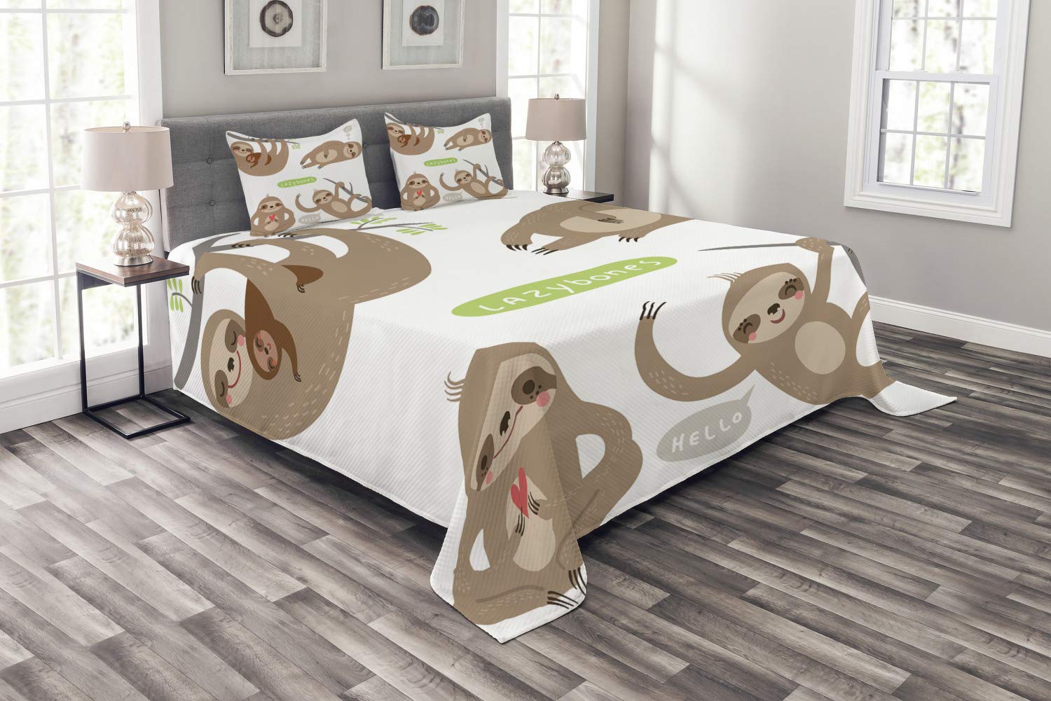 Ambesonne Sloth Bedspread Set - 3-Piece King Size Bedding with Funny Lazy Sloths Hugging Family Design, Pale Brown Grey Green - Perfect for Cozy Bedrooms, Guest Rooms & Sloth-Themed Decor