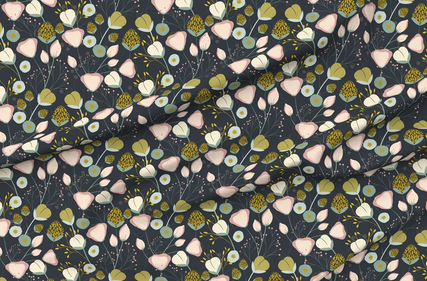 Whimsical Small Floral Abstract Forest Print Minky Fabric by The Yard - Pink Navy Mustard Pattern for Sewing Baby Blankets, Quilt Backing & Plush Toys | Soft Cuddle Fabric for Nursery Decor & DIY Crafts
