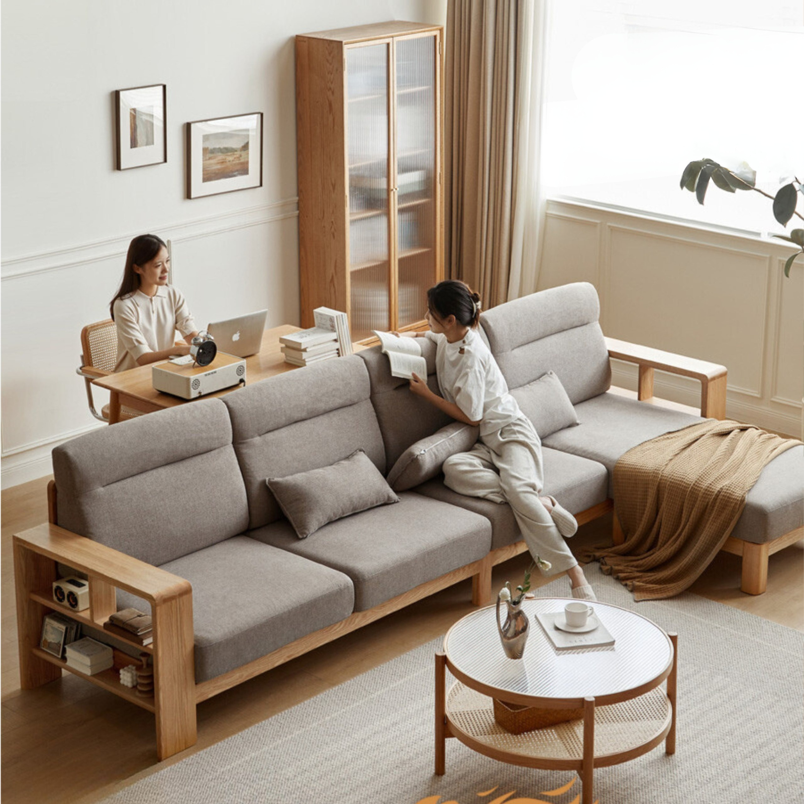 Premium Oak Solid Wood Sectional Sofa Set - Modern L-Shaped Couch with Storage for Living Room, Lounge & Family Room - Durable Hardwood Furniture for Home Decor