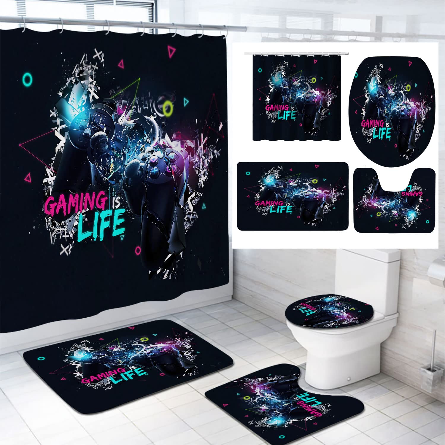 Modern Gamer Shower Curtain Set with Non-Slip Bath Mat & Toilet Cover - 72x72 Inch Waterproof Polyester Bathroom Decor with Console Controller Halftone Design - Perfect for Gaming Themed Bathrooms & Gamer Gifts