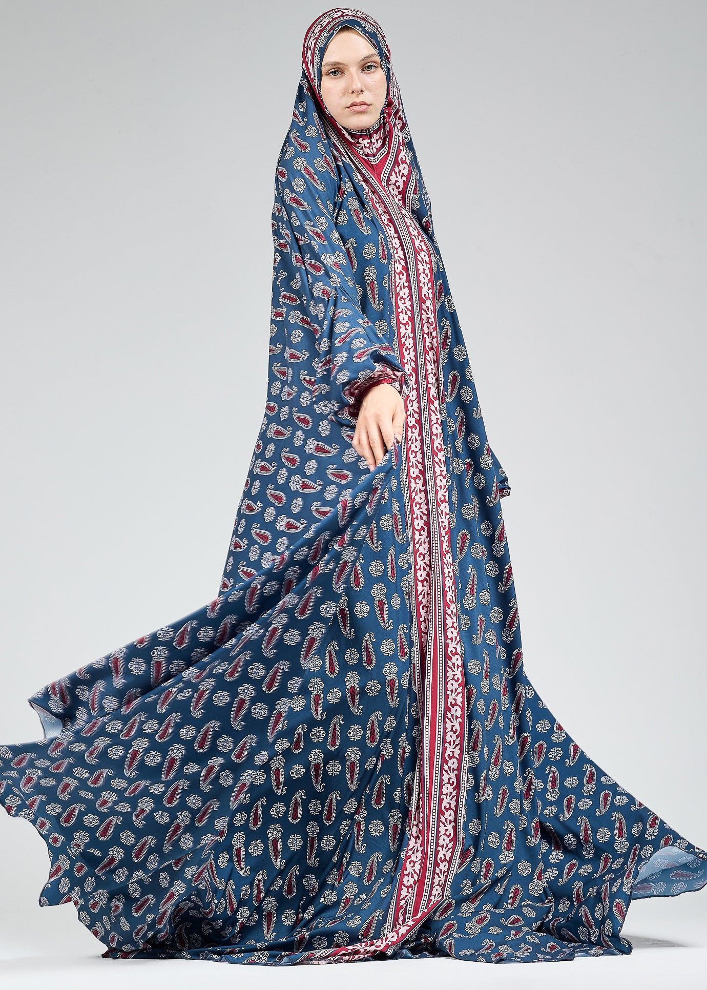 Meera Elegant Satin Prayer Gown with Ornate Paisley Design - Modest Islamic Prayer Dress for Women - Perfect for Salah, Eid, Ramadan & Special Occasions