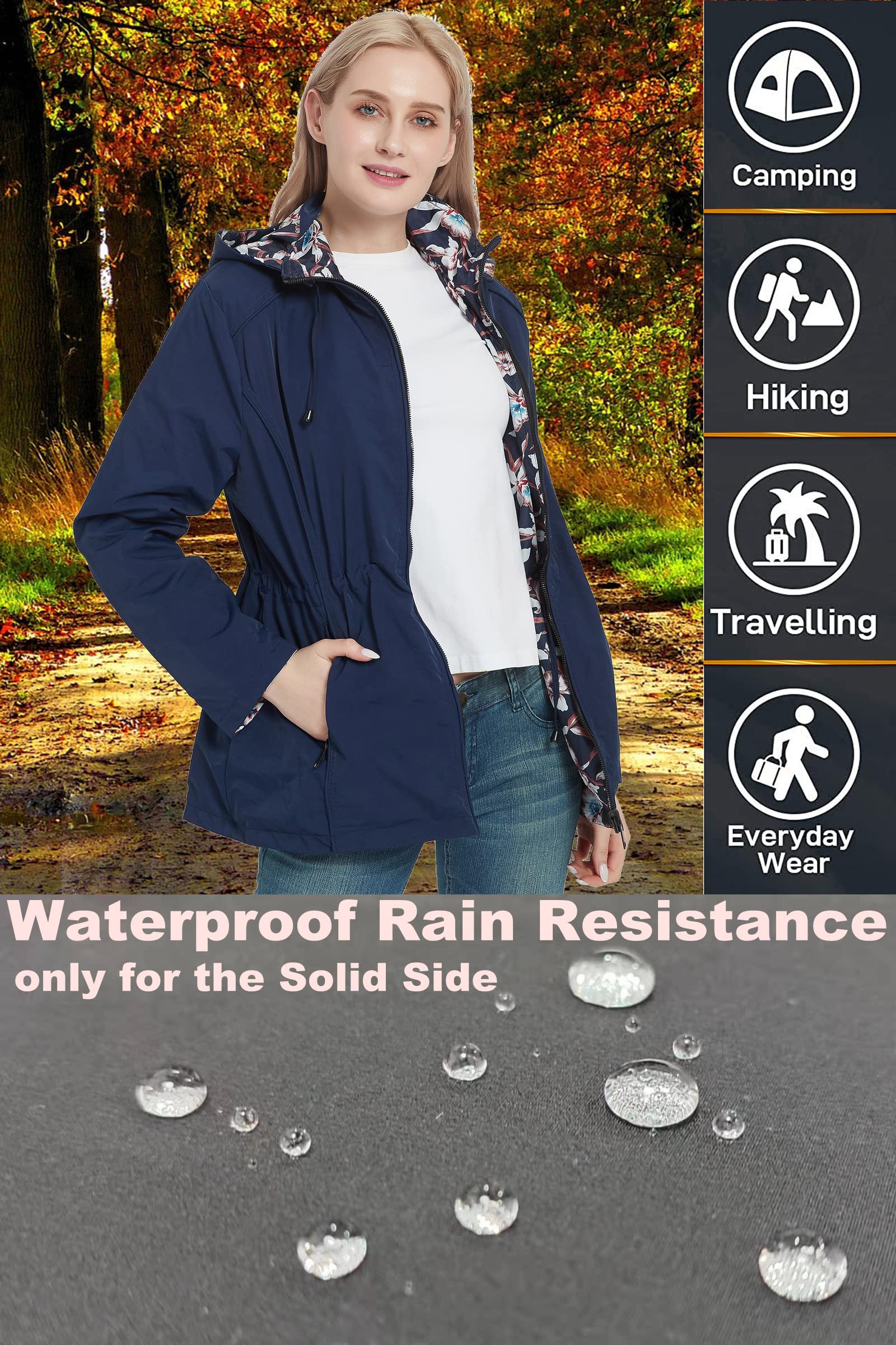 RISISSIDA Women's Reversible Floral Print Jacket - Lightweight Waterproof Hooded Coat for Spring & Fall | Casual Fashion Outerwear for Daily Wear, Travel & Outdoor Activities