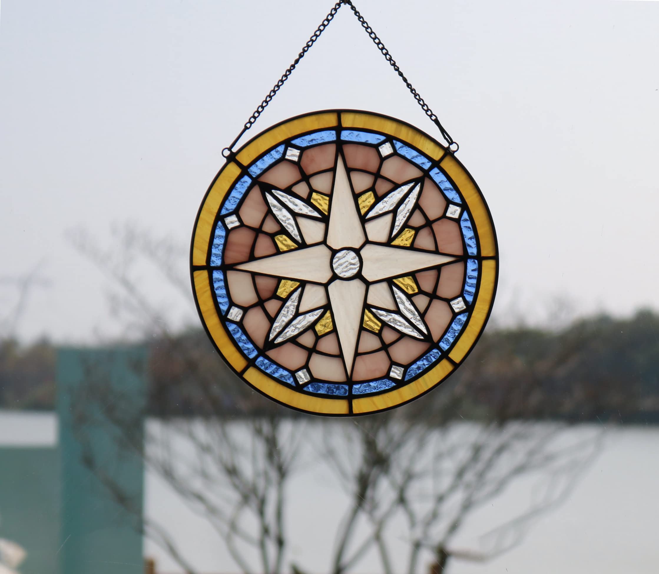 Compass Rose Stained Glass Window Hangings - Round Nautical Tiffany Style Boho Decor for Windows, Doors & Home Decor | Perfect for Beach Houses, Coastal Decor & Nautical Theme Rooms