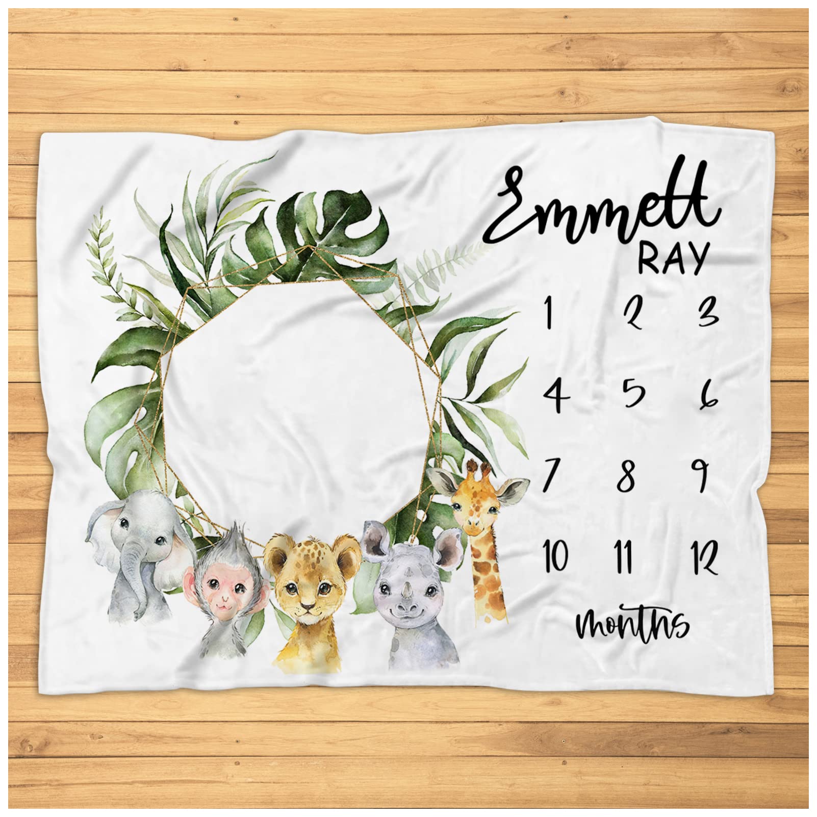 Personalized Safari Animal Milestone Blanket for Baby Boys - Super Soft Watercolor Plush Baby Blanket for Monthly Photos | Perfect for Newborn Photography, Nursery Decor & First Birthday Gifts