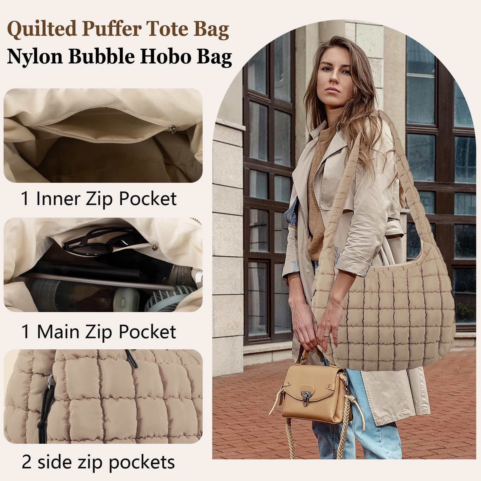 Quilted Puffer Tote Bag for Women - Large Crossbody Shoulder Bag with Zipper, Nylon Bubble Hobo Handbag Carryall | Perfect for Work, Travel & Shopping
