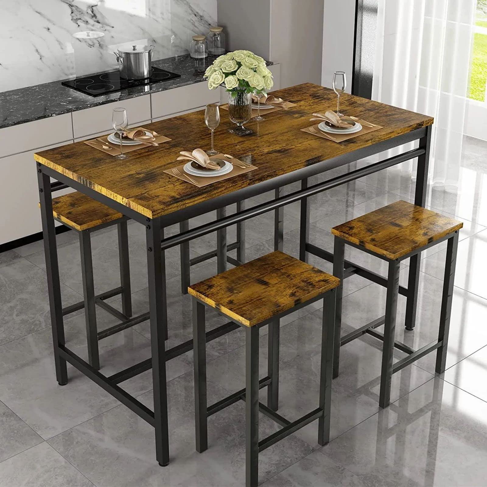 Modern 5-Piece Industrial Bar Height Dining Table Set for 4 - Kitchen & Pub Table with 4 Chairs - Space-Saving Breakfast Nook & Small Space Solution - Perfect for Apartments, Condos & Cozy Dining Areas