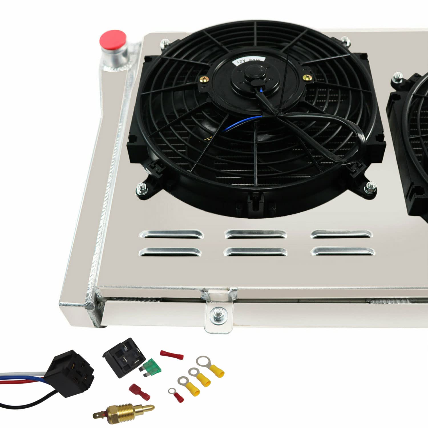 High-Performance 4-Row Aluminum Radiator for 1984-1990 Chevy Corvette C4 & 1982-2002 S10/S-10 Blazer V8 Conversion 5.7L - Includes Shroud Fan & Relay - Perfect for Engine Cooling & Performance Upgrades