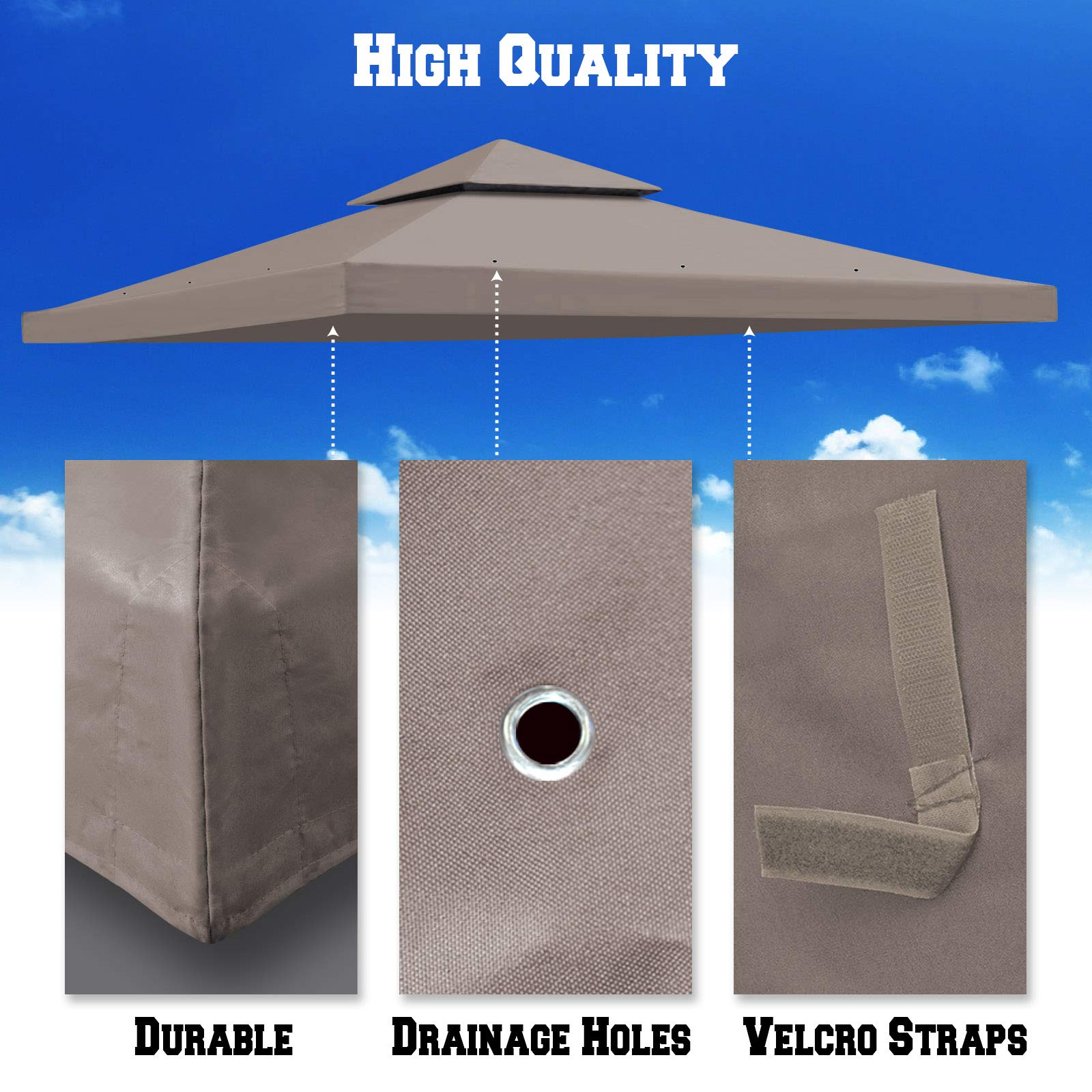 BenefitUSA 10'X10' Gazebo Replacement Canopy Top Cover - Taupe Polyester Double Tier Sunshade for Outdoor Garden, Patio & Pavilion | Perfect for Backyard BBQs, Poolside Lounging & Outdoor Entertaining