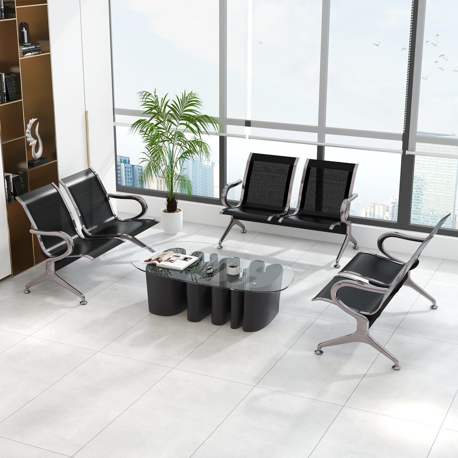 Kinfant 2-Seat Waiting Room Chair Bench Set - Office Guest Benches Reception Chairs with Arms for Airport, Hospital, Bank, Salon, Barbershop, Hall, Conference Room (Black Mesh, Set of 3) - Perfect for Lobbies, Waiting Areas & Public Spaces