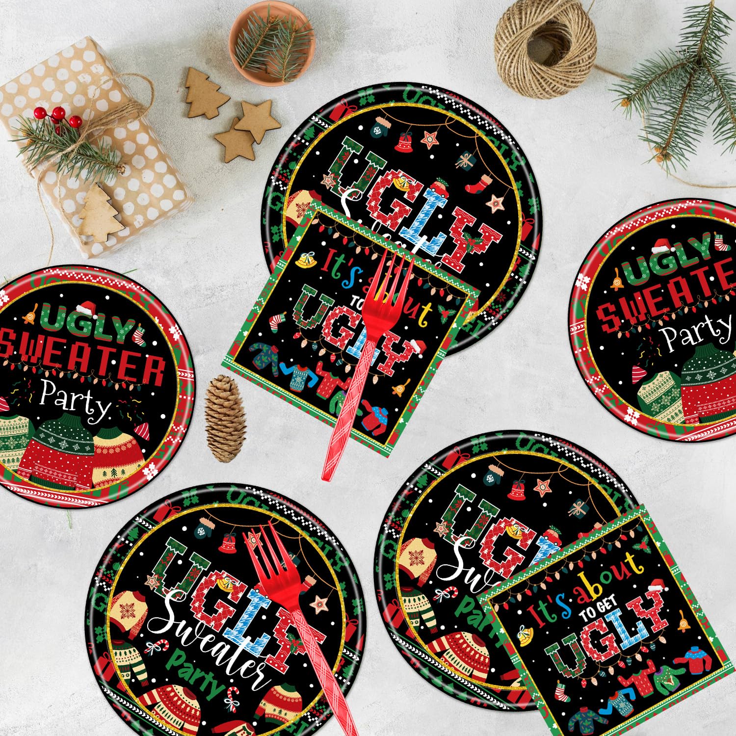 96PCS Ugly Christmas Sweater Party Supplies Set - Disposable Plates, Napkins & Forks for 24 Guests | Tacky Holiday Dinnerware for Xmas Decorations & Ugly Sweater Theme Parties