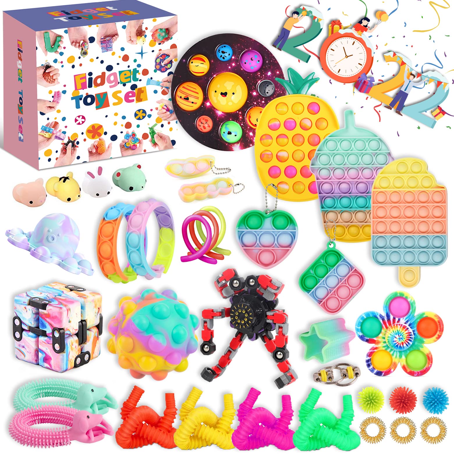 LANTIAN Sensory Fidget Toys Set for Stress Relief - 24 Pack Push Bubble Popper Sensory Toys for Kids & Adults with Autism, ADHD - Portable Anxiety Relief Toys for Home, Office, School & Travel Gifts