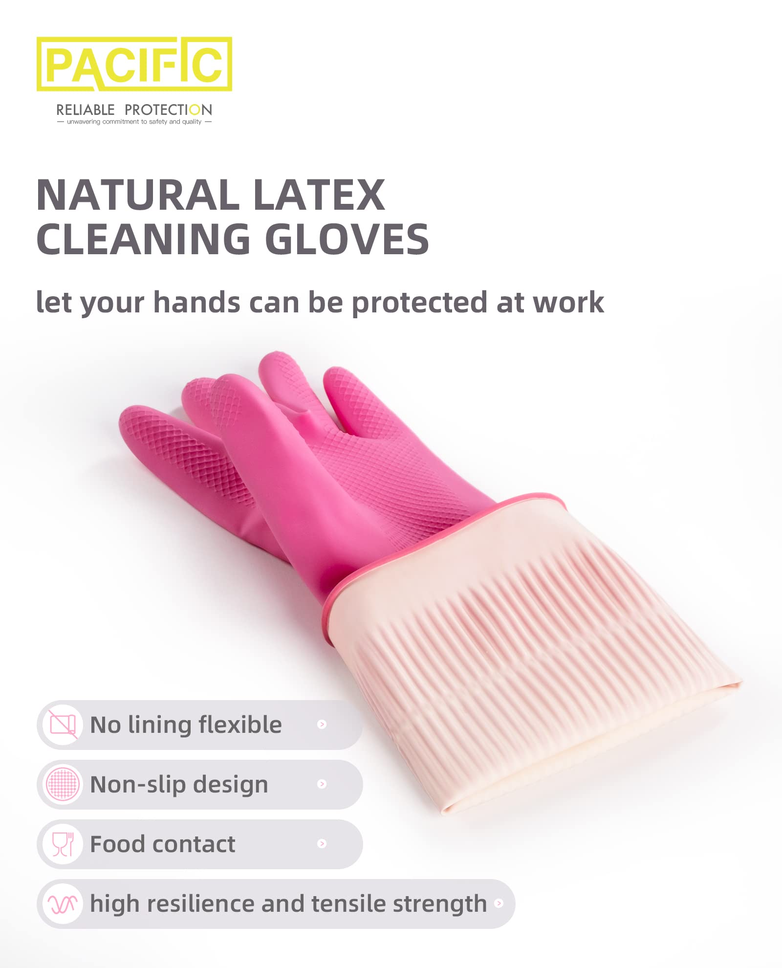 **PACIFIC 2 Pairs Reusable Rubber Gloves for Washing Dishes & Cleaning - Waterproof Kitchen & Bathroom Gloves with Grip - Latex Dishwashing Gloves (Pink, Medium) - Perfect for Household Chores & Gardening**