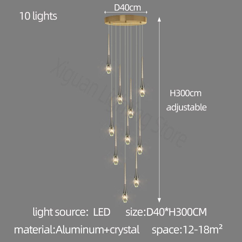 Elegant Crystal Drops Staircase Chandelier - Modern Home Lighting Fixture for Stairwell, Foyer & Luxury Interior Decor