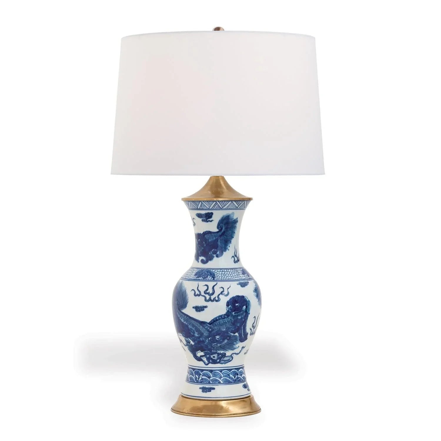 Hand-Painted Blue and White Foo Dog Porcelain Table Lamp - Traditional Asian Decor for Living Room, Bedroom, or Office