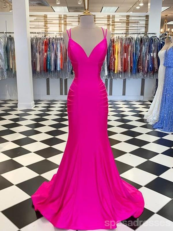 Hot Pink Mermaid Spaghetti Straps V-Neck Backless Long Prom Dresses for Women - Elegant Formal Evening Gowns for Homecoming, Pageant, and Special Occasions