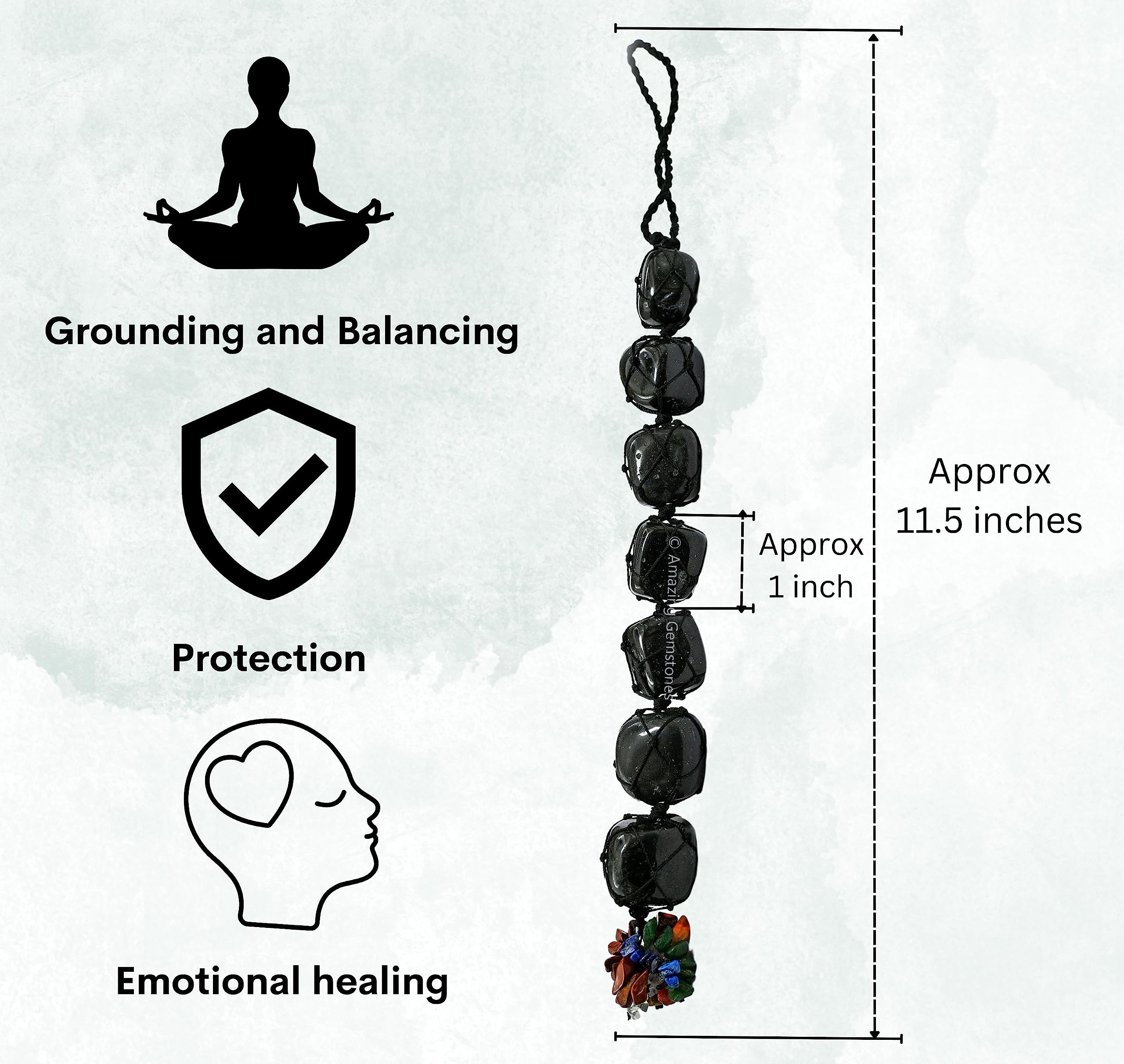 Black Tourmaline Crystal Car Mirror Hanging Ornament - Feng Shui Healing Stone & Rearview Mirror Decor - Car Protection Charm & Dream Catcher for Positive Energy & Safe Driving