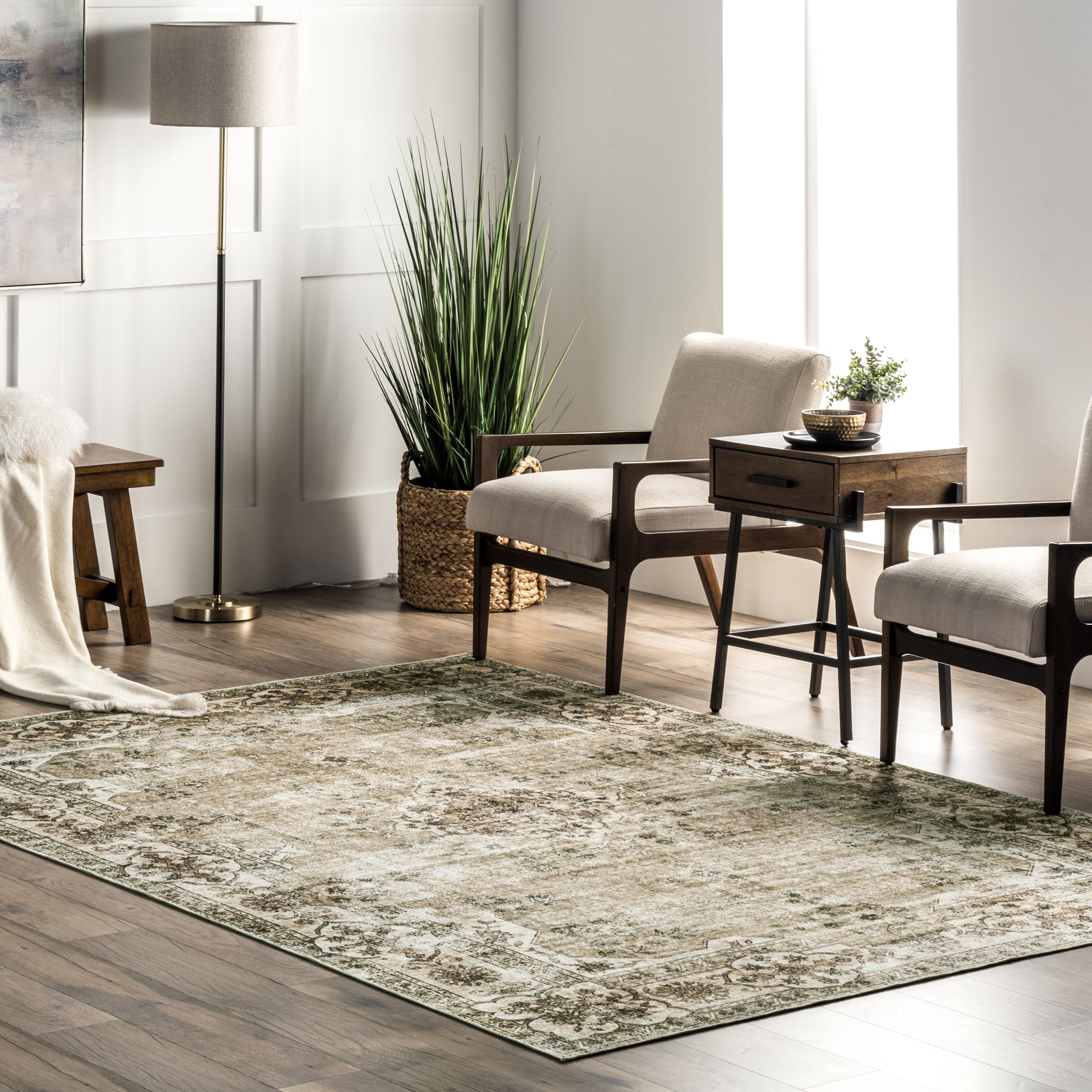 nuLOOM Paisley Machine Washable Ultra Thin Area Rug 5' x 8' - Faded Floral Border Medallion Design in Beige - Perfect for Living Room, Bedroom or Dorm Decor