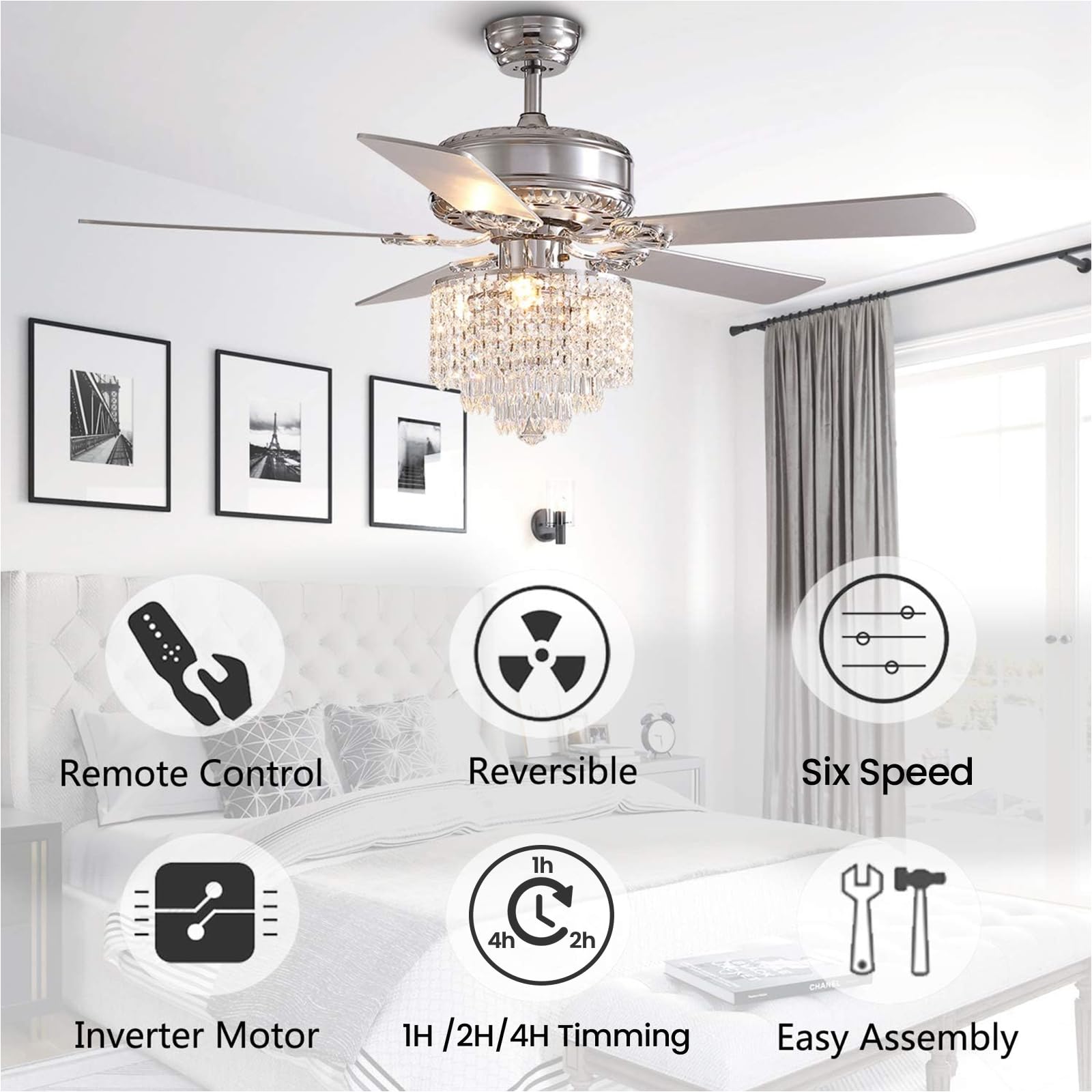 Moooni 52 Inch Modern Crystal Ceiling Fan with Lights and Remote Control - Elegant Chandelier Fan Light Kit (Fandelier) with 5 Wooden Blades - Perfect for Bedroom, Living Room, Dining Room - Silver Finish - Energy Efficient & Quiet Operation