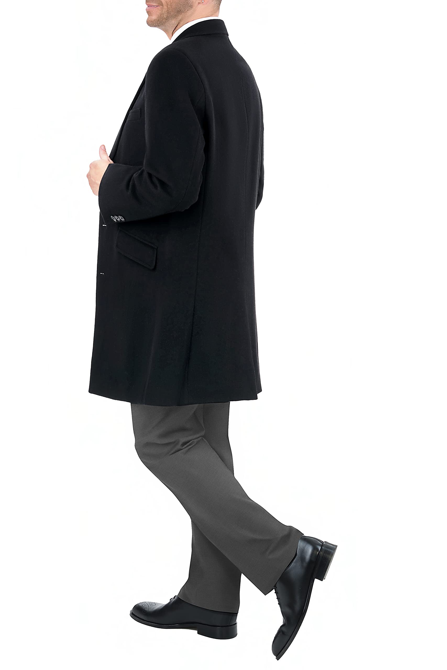 Premium Men's Wool Cashmere Blend Single Breasted Black 3/4 Length Top Coat - Winter Overcoat for Business, Formal Events & Cold Weather Fashion
