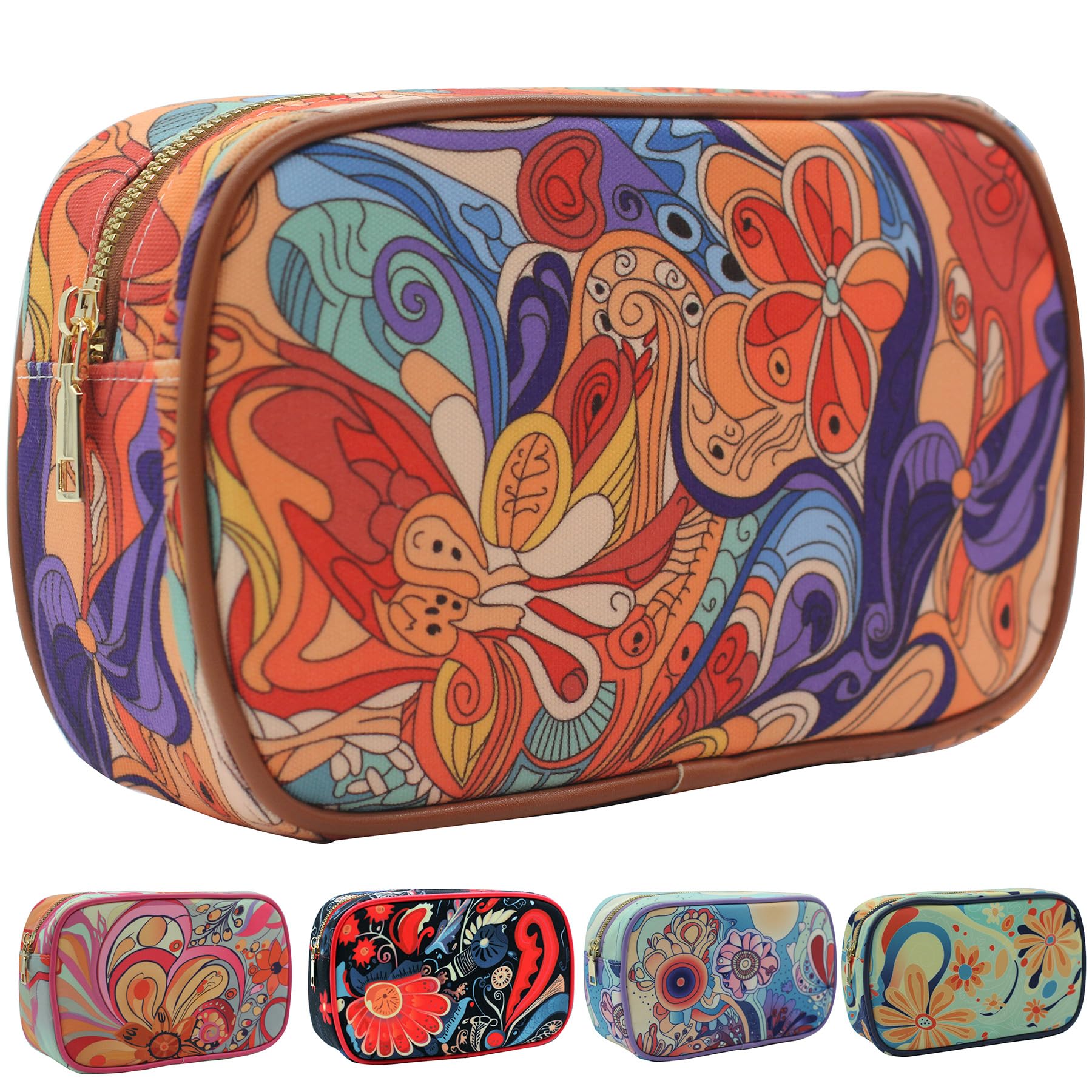 Floral Makeup Bag for Women - Travel Cosmetic Organizer with Personalized Skin Care Pouch - Portable Essentials Bag for Girls (Brown) - Perfect for Travel, Gym & Daily Beauty Routine