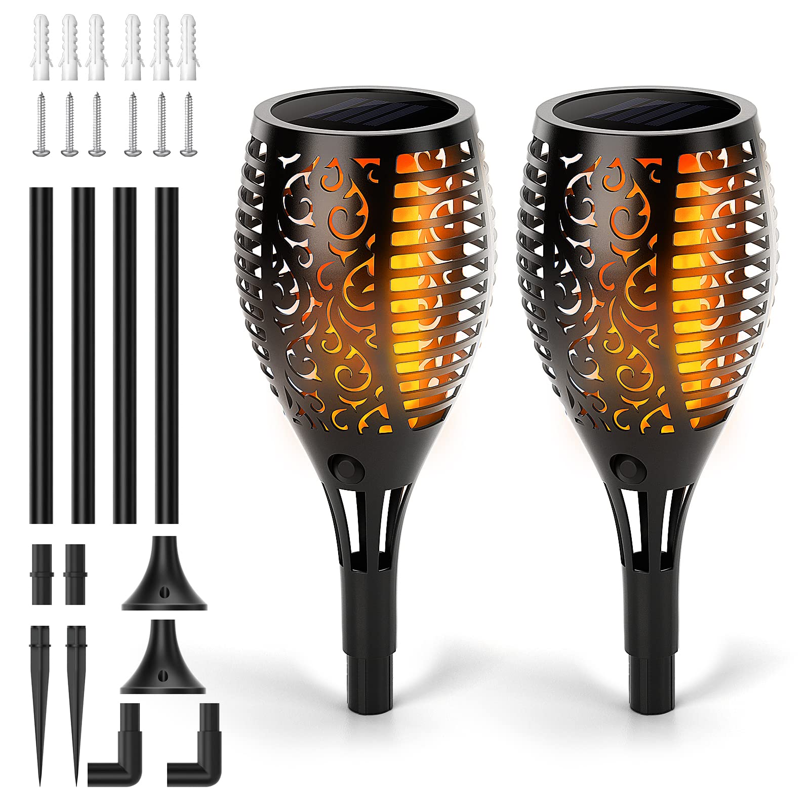 2 Pack Solar LED Torch Lights for Halloween - 33 LED Outdoor Pathway & Garden Lights - Waterproof Patio Decorations for Yard, Lawn, and Walkway Lighting