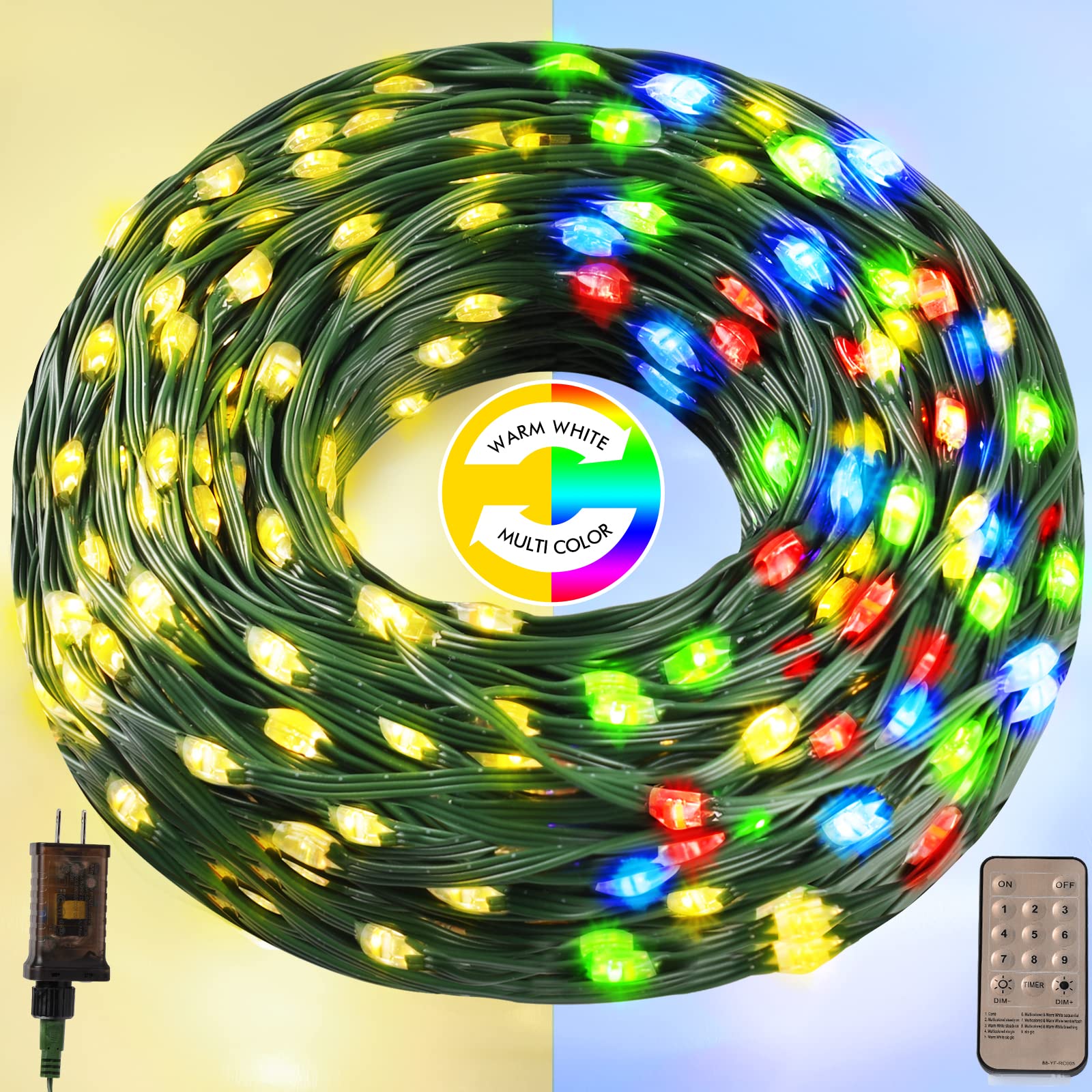 FORSPARK 300LED Christmas Fairy String Lights - 9 Modes, Green Wire, Multicolor & Warm White - Outdoor & Indoor Decor for Bedroom, Patio, Wedding, Party, Halloween