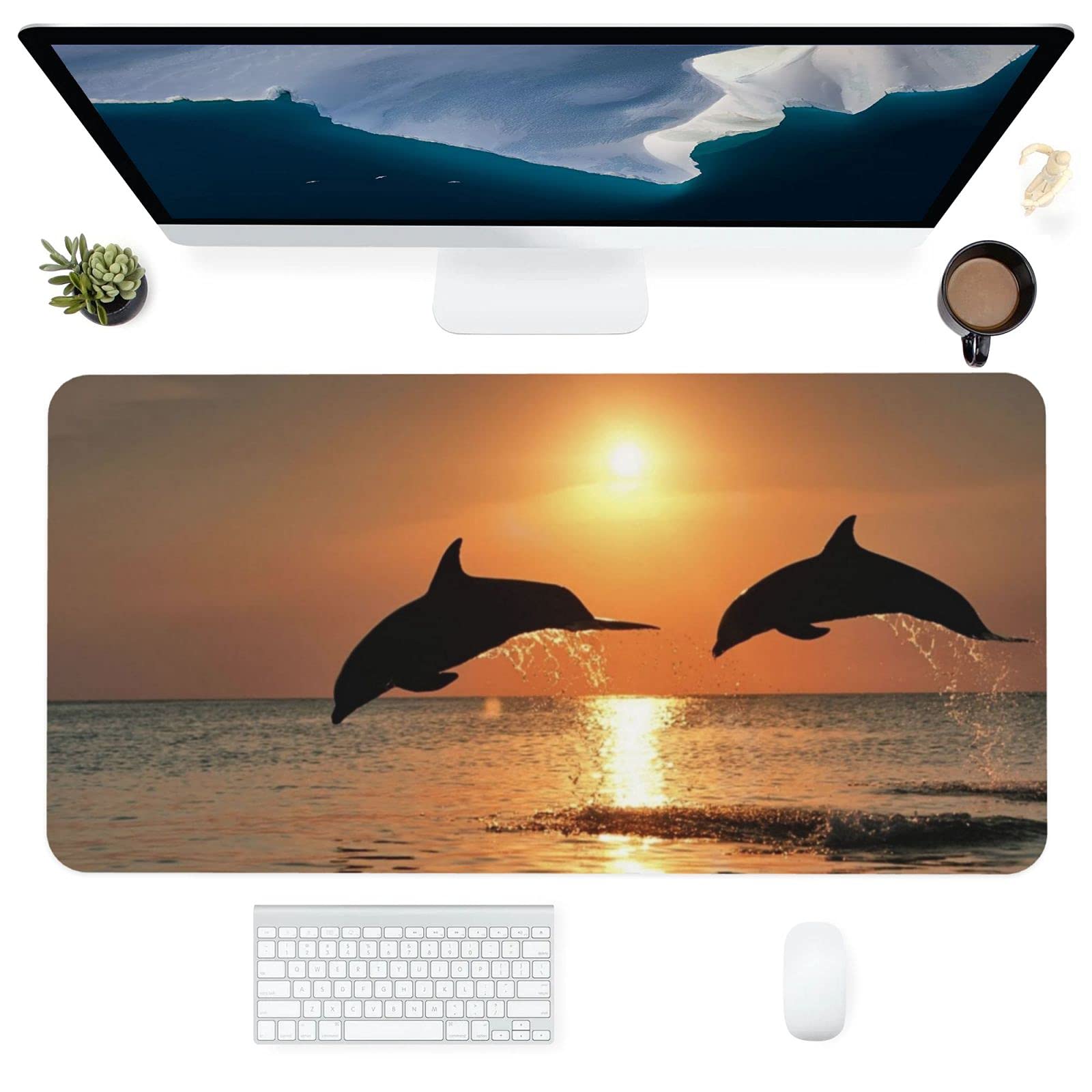 Large Dolphin Sunset Gaming Mouse Pad - Non-Slip PU Leather Desk Mat for Office & Home (31.5×15.7 Inch)