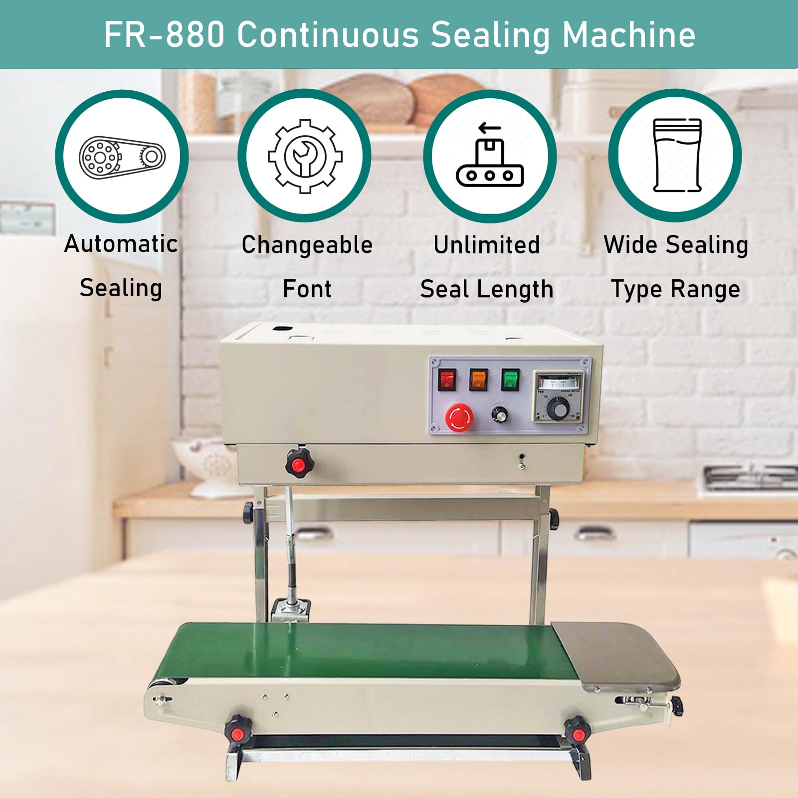 INTSUPERMAI FR880 Continuous Band Sealer - Automatic Vertical Sealing Machine for PVC, Aluminum Foil & Plastic Bags (110V) - Ideal for Food Packaging, Medical Supplies & Industrial Sealing