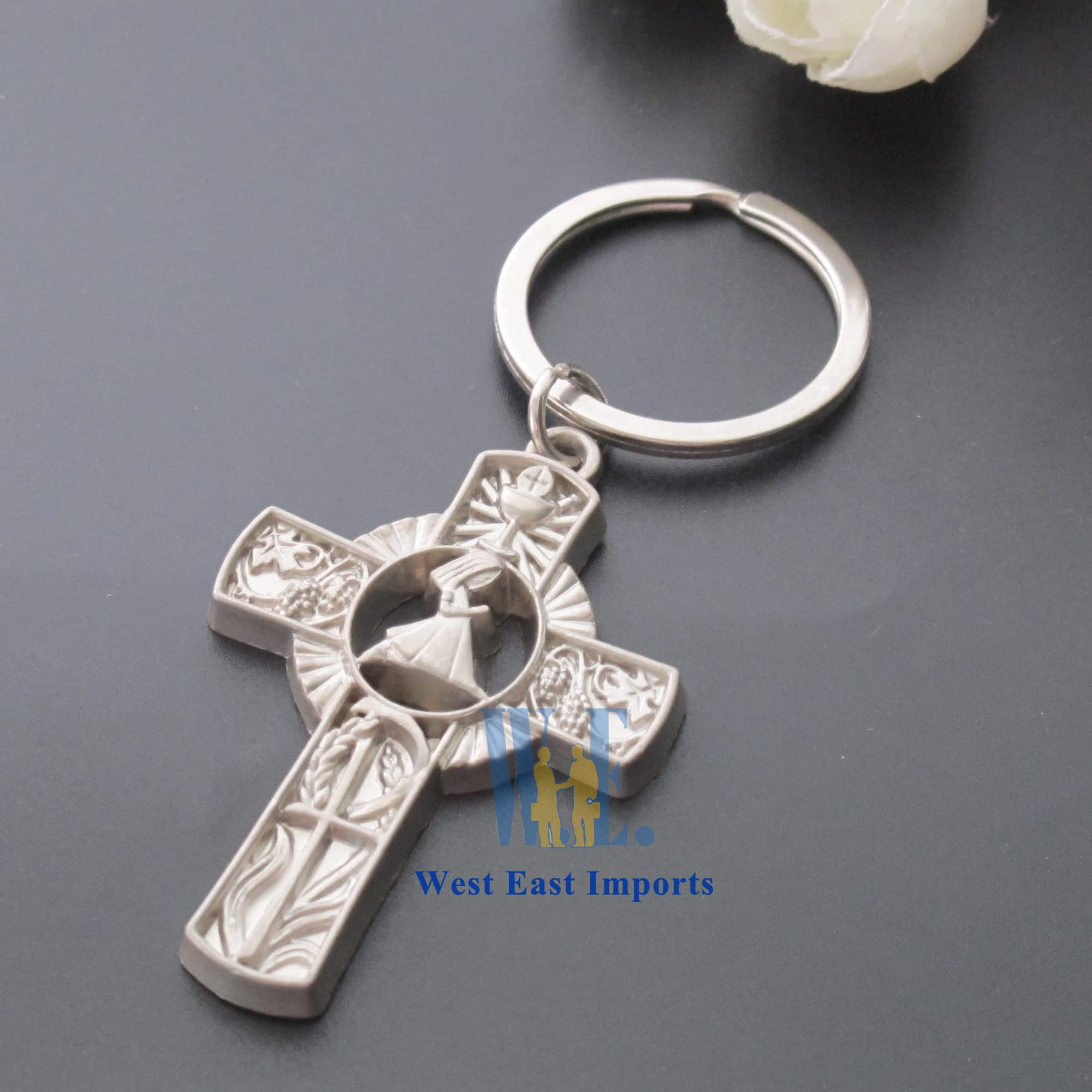 First Communion Keychain Favors - 12PCS Religious Keepsake Gift Set with Pink Ribbon Decorated Organza Bags - Perfect for Baptism, Confirmation & Christian Celebrations