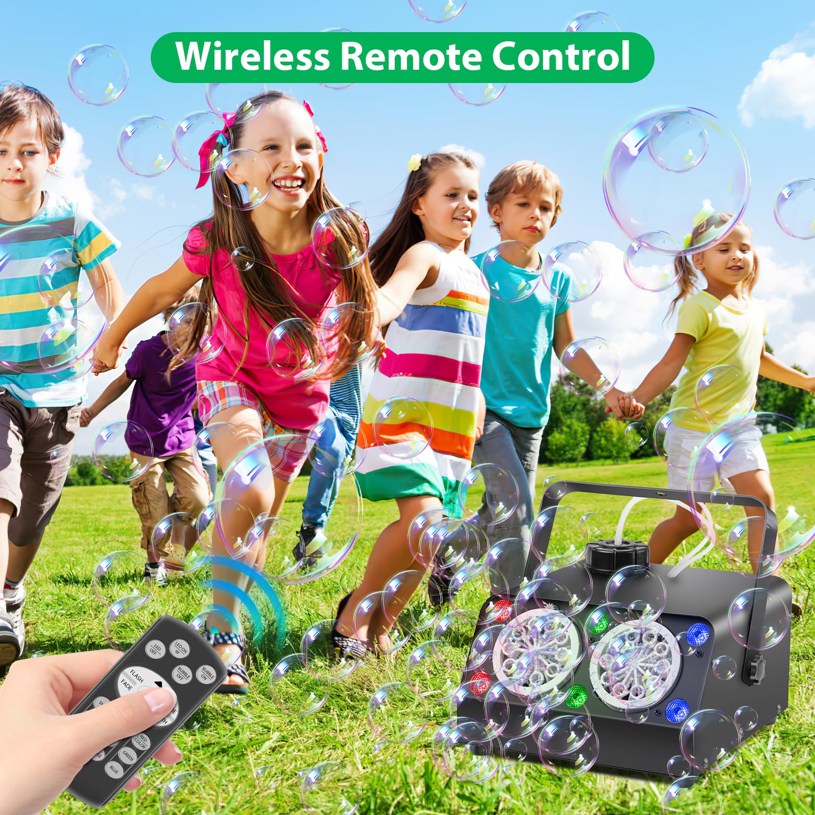 VStoy Wireless Remote Control Double Nozzle Bubble Machine with 6 RGB LED Lights - 120,000 Bubbles Per Minute, Metal Shell - Perfect for Kids Birthday Parties, Weddings, Halloween Events, Outdoor Gatherings & Backyard Fun