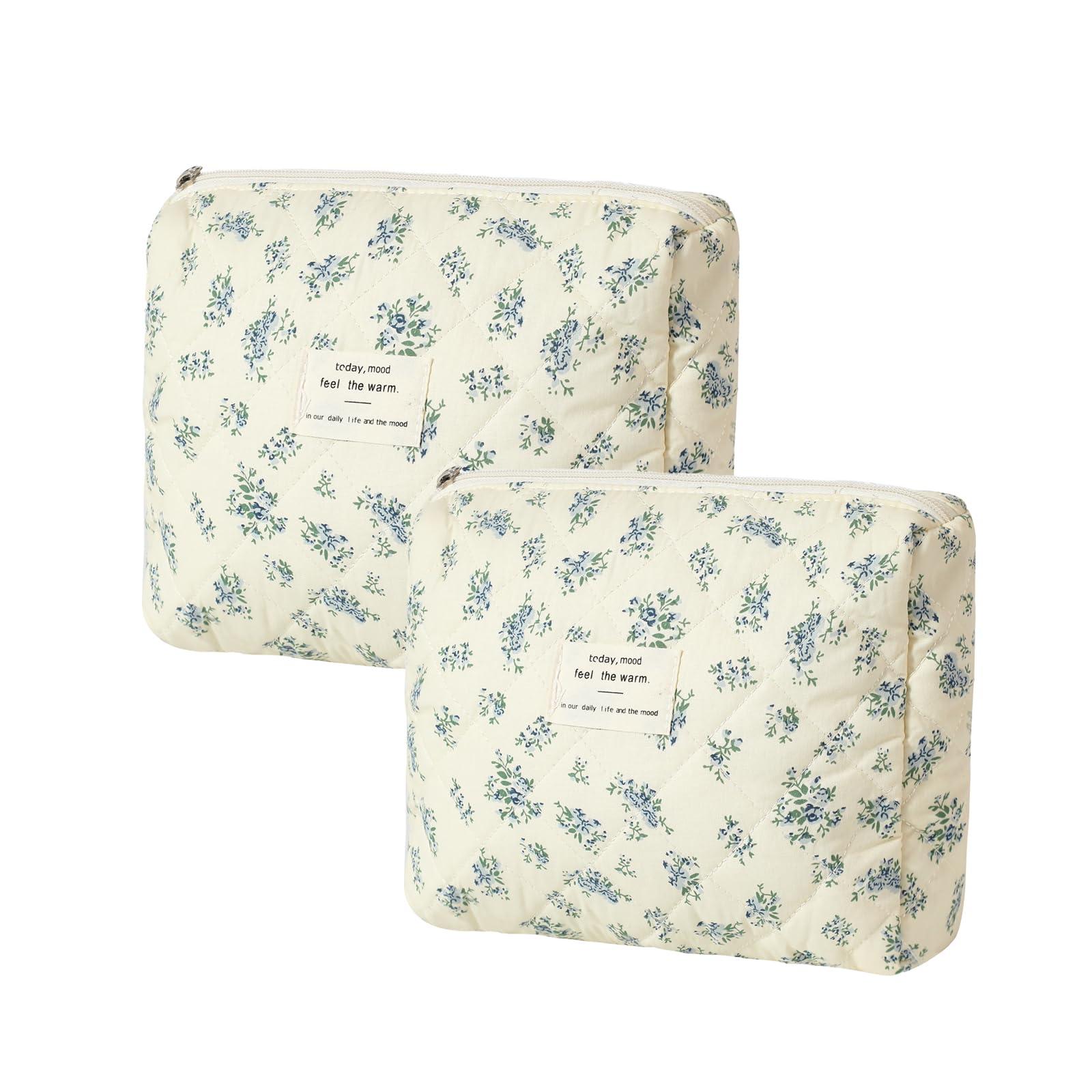 Quilted Cotton Makeup Bag 2PCS - Large Soft Floral Travel Cosmetic & Toiletry Organizer for Women & Girls (Blue Flower) | Perfect for Travel, Gym, and Daily Beauty Essentials Storage