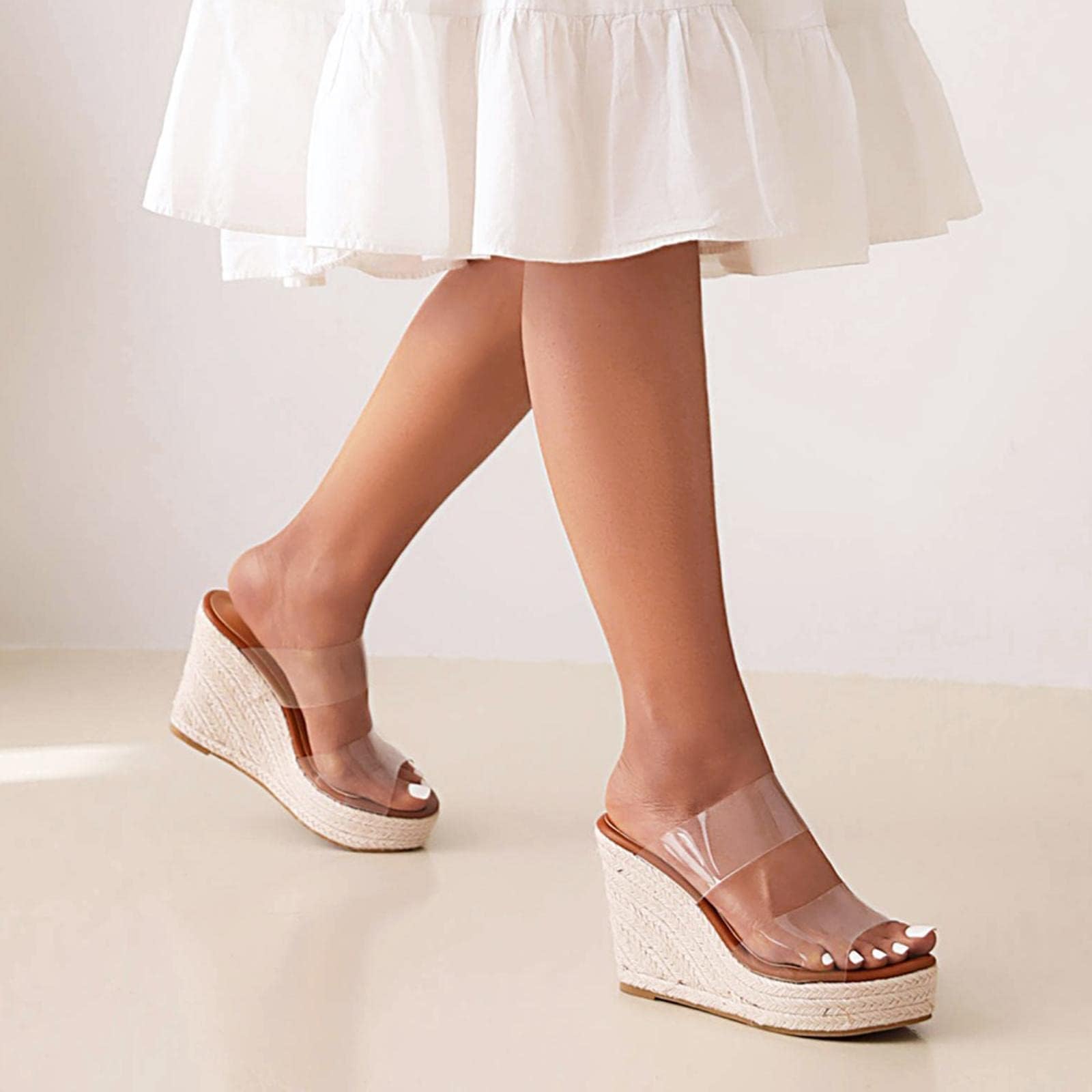 WIRALOMI Women's Clear Wedge Heel Sandals - Slip On Espadrilles Platform Slides with Crystal Decor for Summer Beach & Vacation Outfits