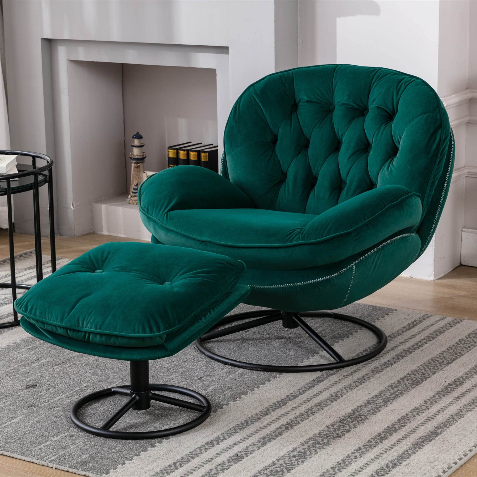 Single Accent Chair with Ottoman - Upholstered Lounge Chair with Footrest for Living Room, Bedroom & Study - Easy Assembly Green Velvet Chair - Perfect for Reading Nook, Home Office or Cozy Corner