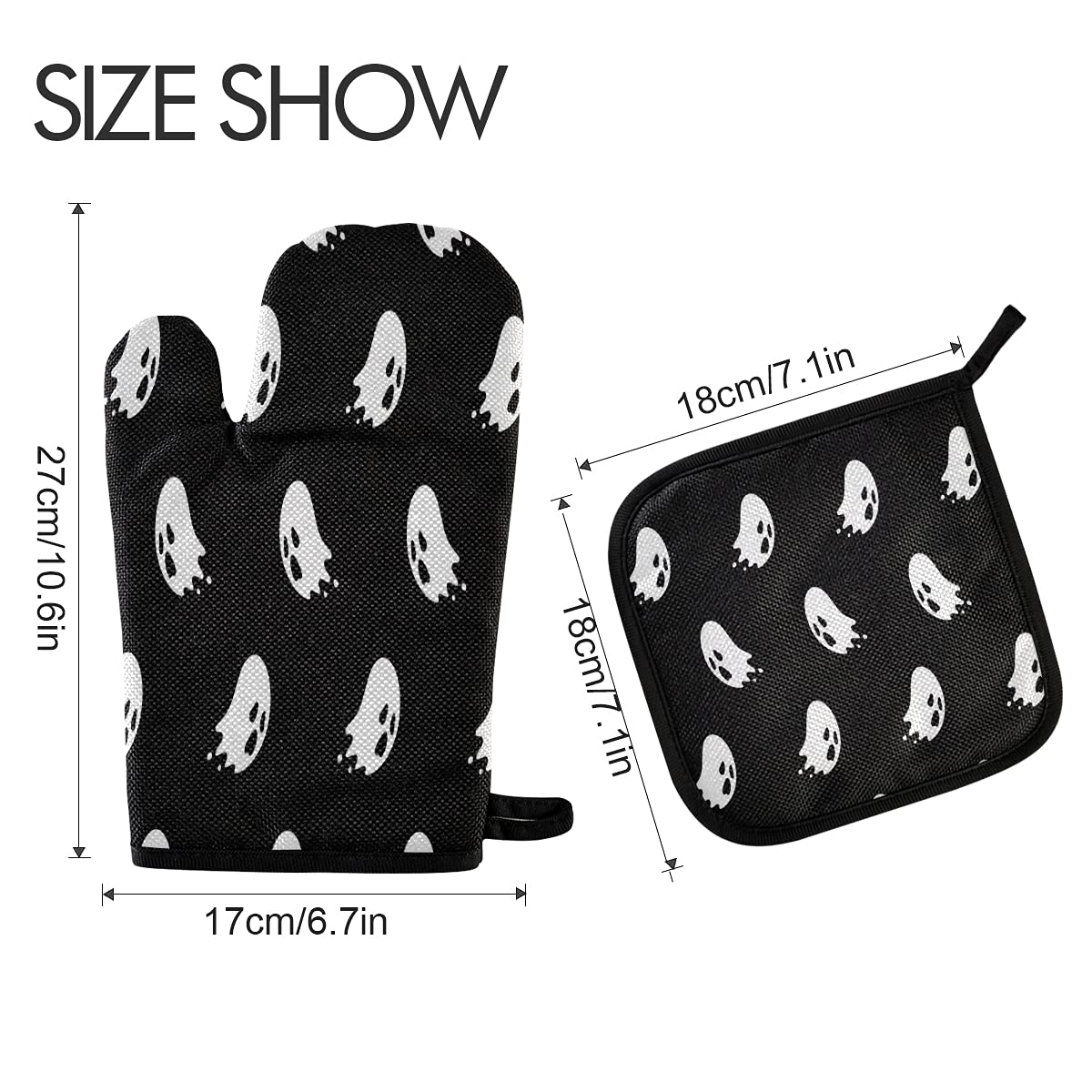 Spooky Ghost Halloween Oven Mitts & Pot Holders Set - 2-Piece Non-Slip Heat Resistant Kitchen Gloves with Trivet Mats for Baking, BBQ, Cooking - Perfect for Halloween Decor & Kitchen Safety