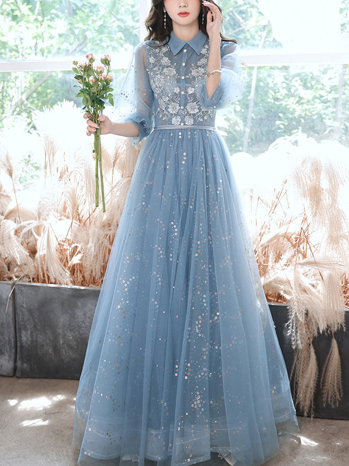 Elegant Blue Tulle Lace Sequin Long Prom Dress - A-Line Evening Gown for Formal Events, Homecoming, and Special Occasions