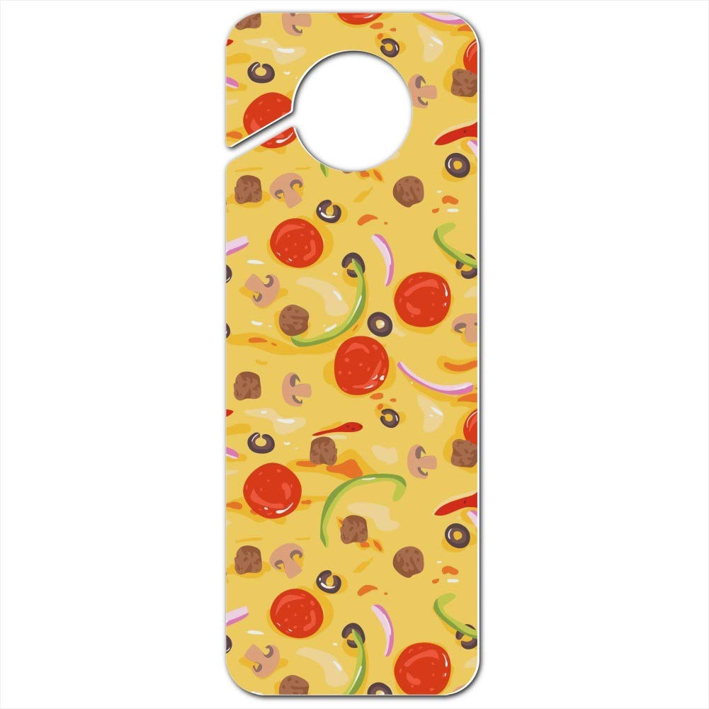 Vintage Pizza Pattern Plastic Door Knob Hanger Sign - Pepperoni, Olives & Onions Design - Perfect for Kitchen Decor, Restaurant Signs & Pizza Shop Displays