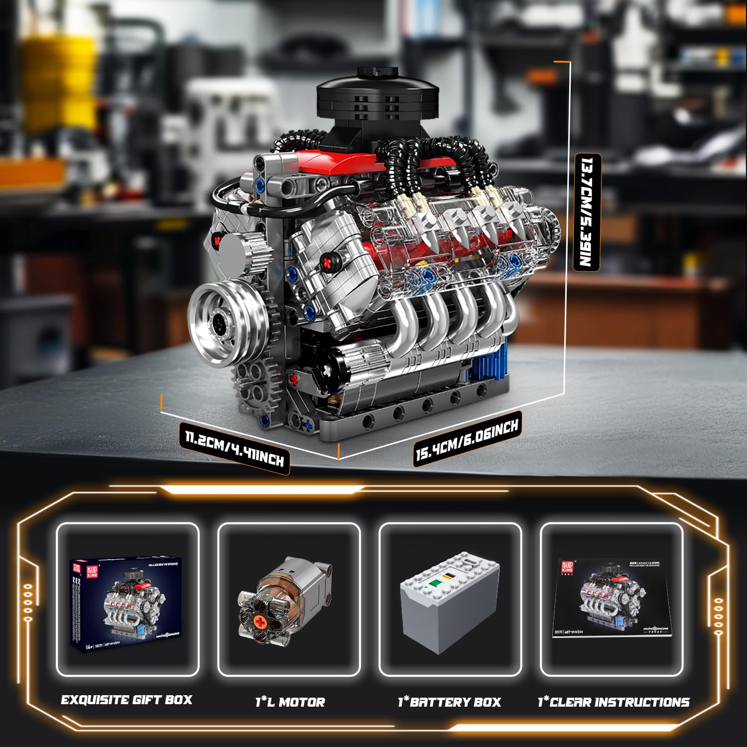 Mould King Mini V8 Engine Model Kit - 487+ PCS DIY Working Visible Engine with Motor & Battery | STEM Educational Building Toy for Adults & Kids | Perfect for Car Enthusiasts, STEM Learning, and Collector Displays