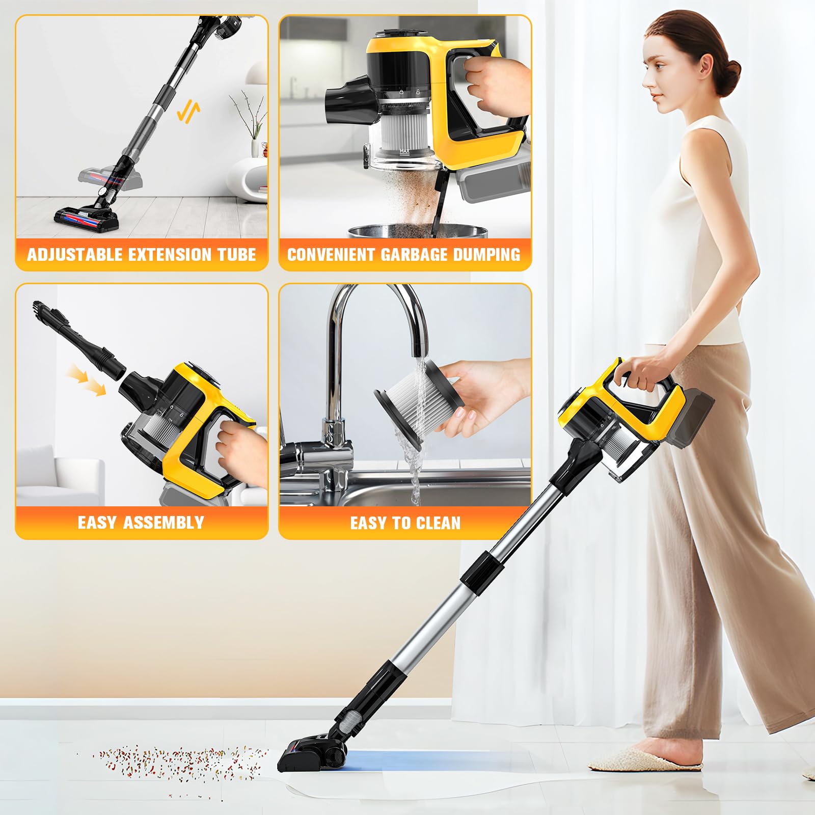 DeWALT 20V Cordless Vacuum Cleaner (Battery Not Included) - 6-in-1 Lightweight Stick Vacuum with 2 Mode Suction, 250W Brushless Motor, 25Kpa for Hardwood Floors & Pet Hair - Perfect for Home Cleaning, Car Detailing & Pet Owners