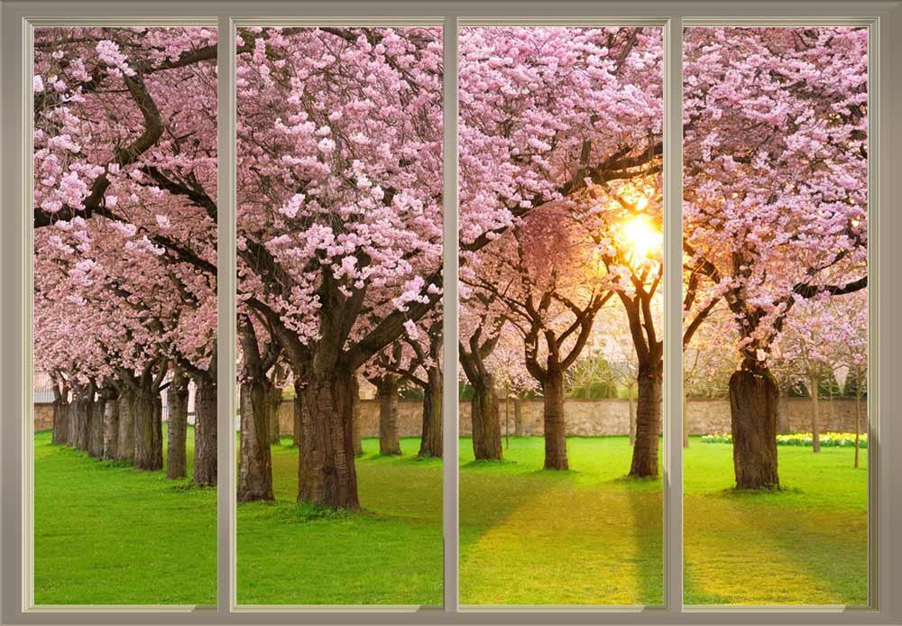 Wall26 - Stunning Pink Cherry Blossom Trees with Sunlight View from Sliding Door - Peel & Stick Wall Mural Wallpaper - 66x96 inches - Perfect for Living Room, Bedroom & Office Decor