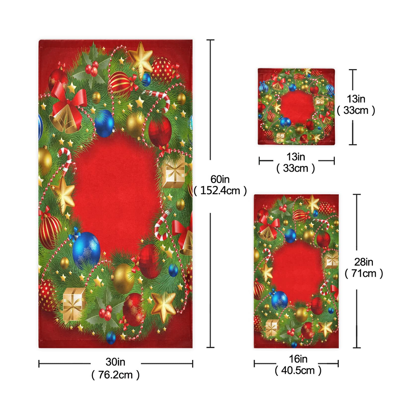 ALAZA Christmas Wreath Red Bath Towel Set - Luxury 3-Piece Decorative Set (1 Bath Towel, 1 Hand Towel, 1 Washcloth) - Ultra Soft for Bathroom, Hotel, Gym, Yoga & Spa - Perfect for Holiday Decor & Gift Giving