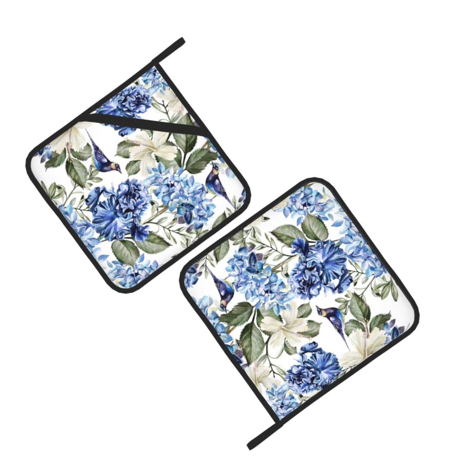 Blue Hydrangea Flowers Bird Pot Holders Set of 2, Heat Resistant Square Oven Mitts for Kitchen, Cooking, Baking, BBQ, and Everyday Use
