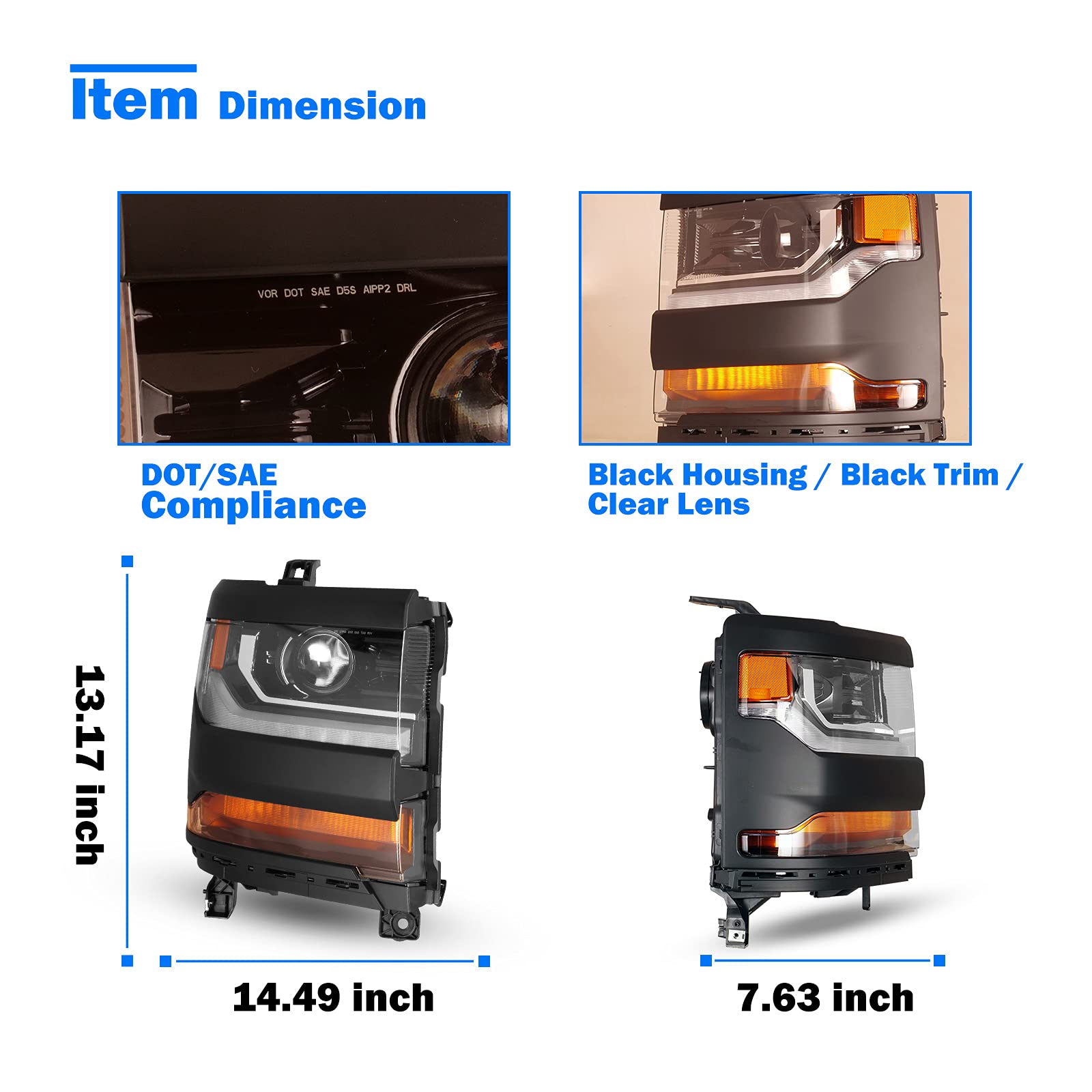 WOLFSTORM HID Headlight Kit for 2016-2019 Chevy Silverado 1500 - LED Daytime Running Lights & Projector Design - Black Headlight Assembly (1 Pair) - Perfect for Off-Roading & Night Driving