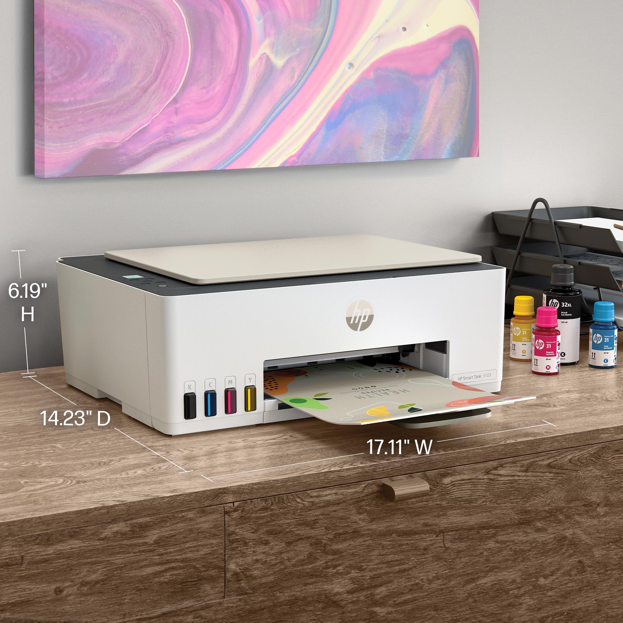 HP Smart Tank 5103 Wireless All-in-One Ink Tank Printer with 2 Years of Ink Supply & 100 Photo Papers - Print, Scan, Copy for Home Office | Refillable Ink System (5D1B2A) | Perfect for Remote Work, School Projects & Family Photo Printing