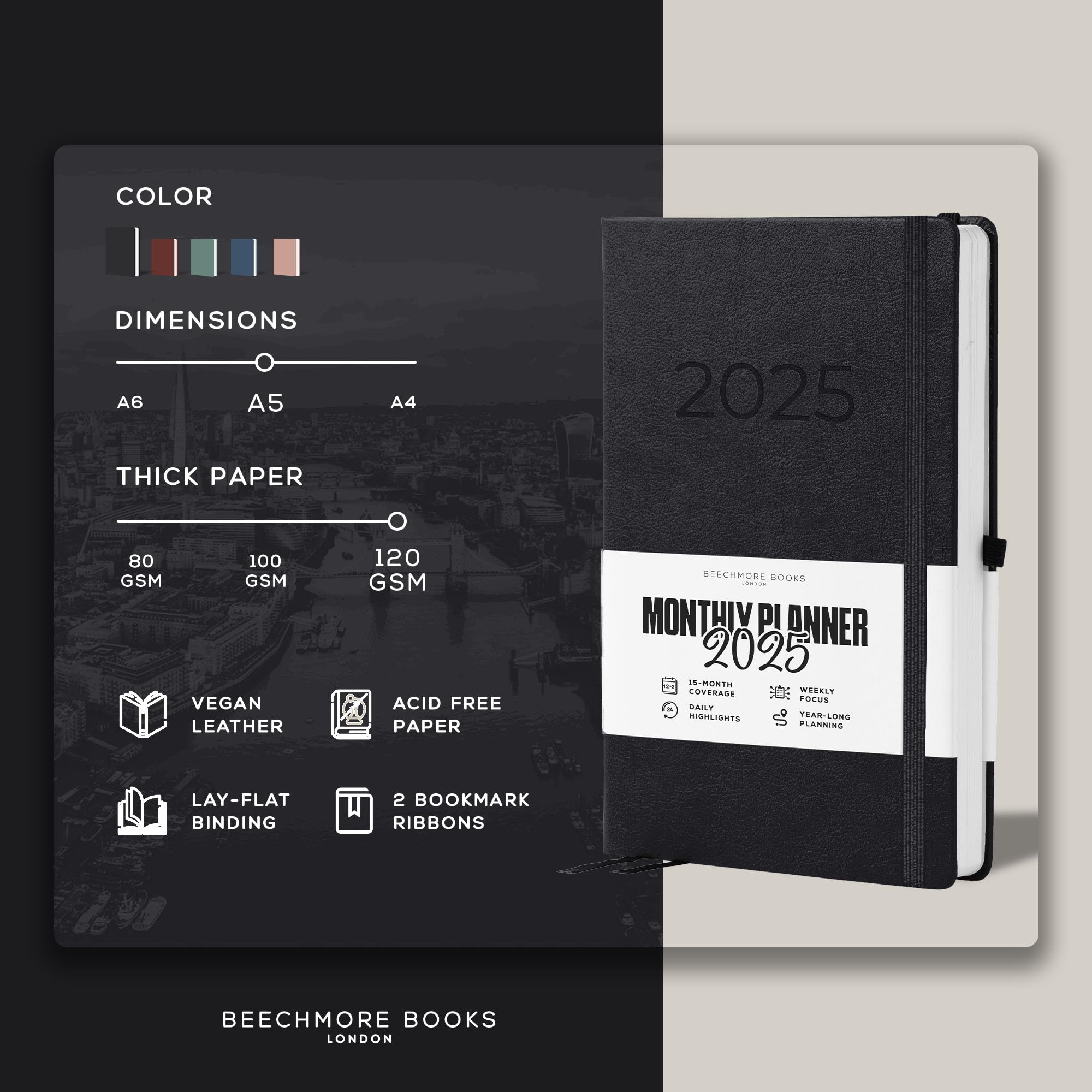 Beechmore Books 2025 Premium A5 Planner - Black Vegan Leather Hardcover Journal with 120gsm Thick Paper | Yearly & Monthly Views, Goal Setting, Appointment Scheduling | Perfect for Work, School & Personal Organization | Gift Box Included
