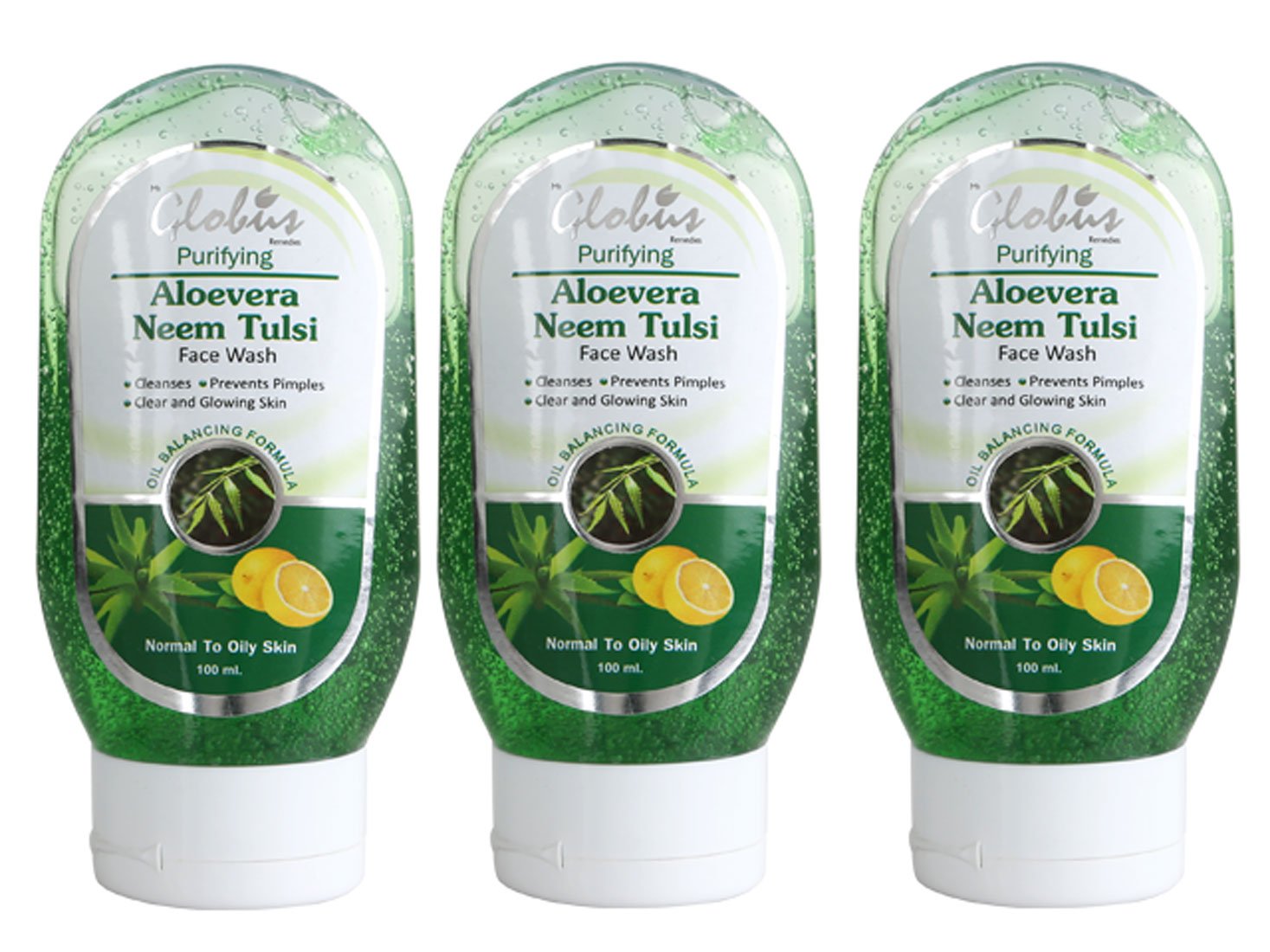 Globus Aloe Vera Neem Tulsi Face Wash - 100ml (Pack of 3) | Natural Ayurvedic Cleanser for Acne & Oily Skin | Daily Skincare Routine for Men & Women